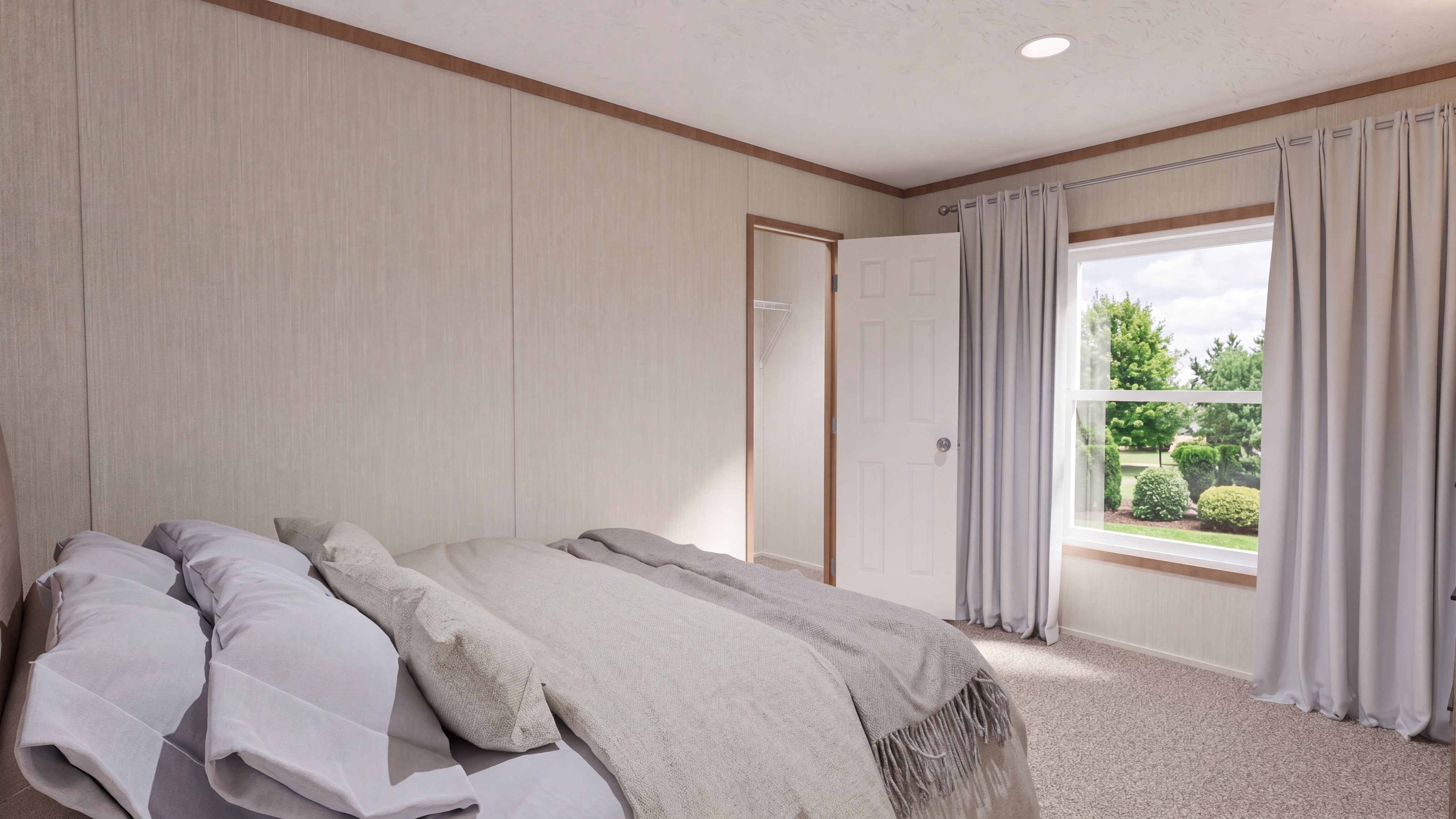 Bedroom rendering of the The Southern Farmhouse 48x28 home.