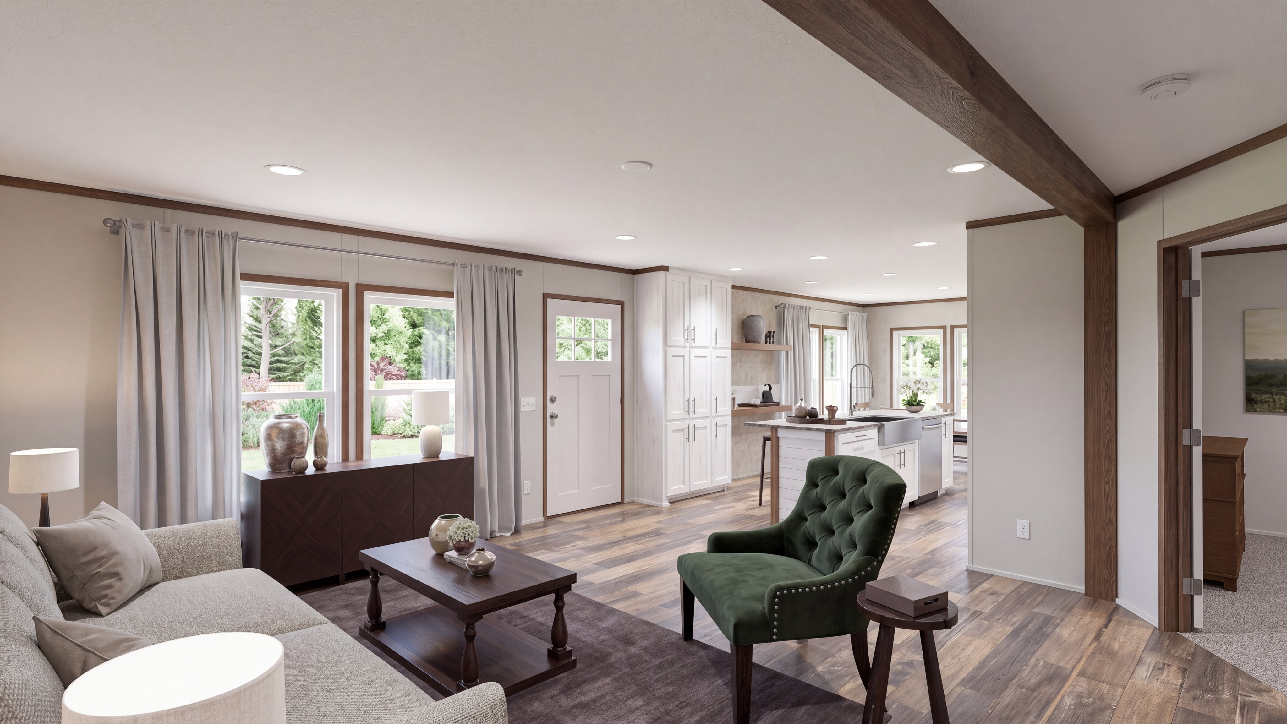 Living room rendering of the The Southern Farmhouse 48x28 home.