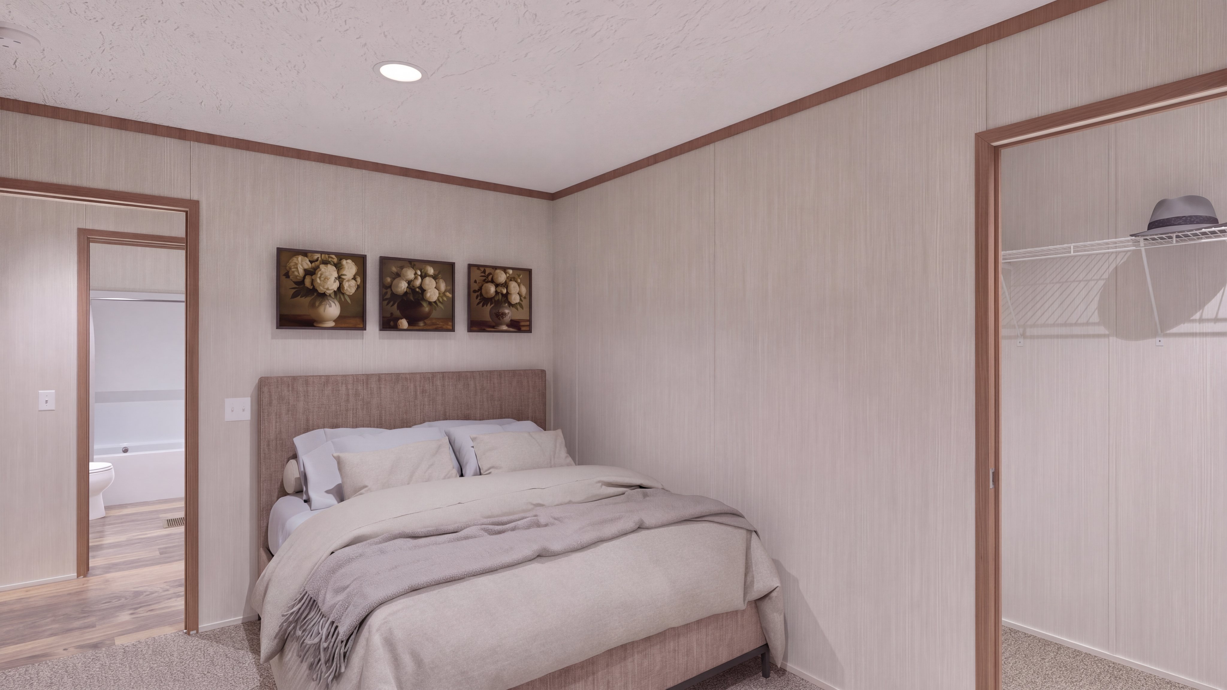 Bedroom rendering of the The Southern Farmhouse 48x28 home.