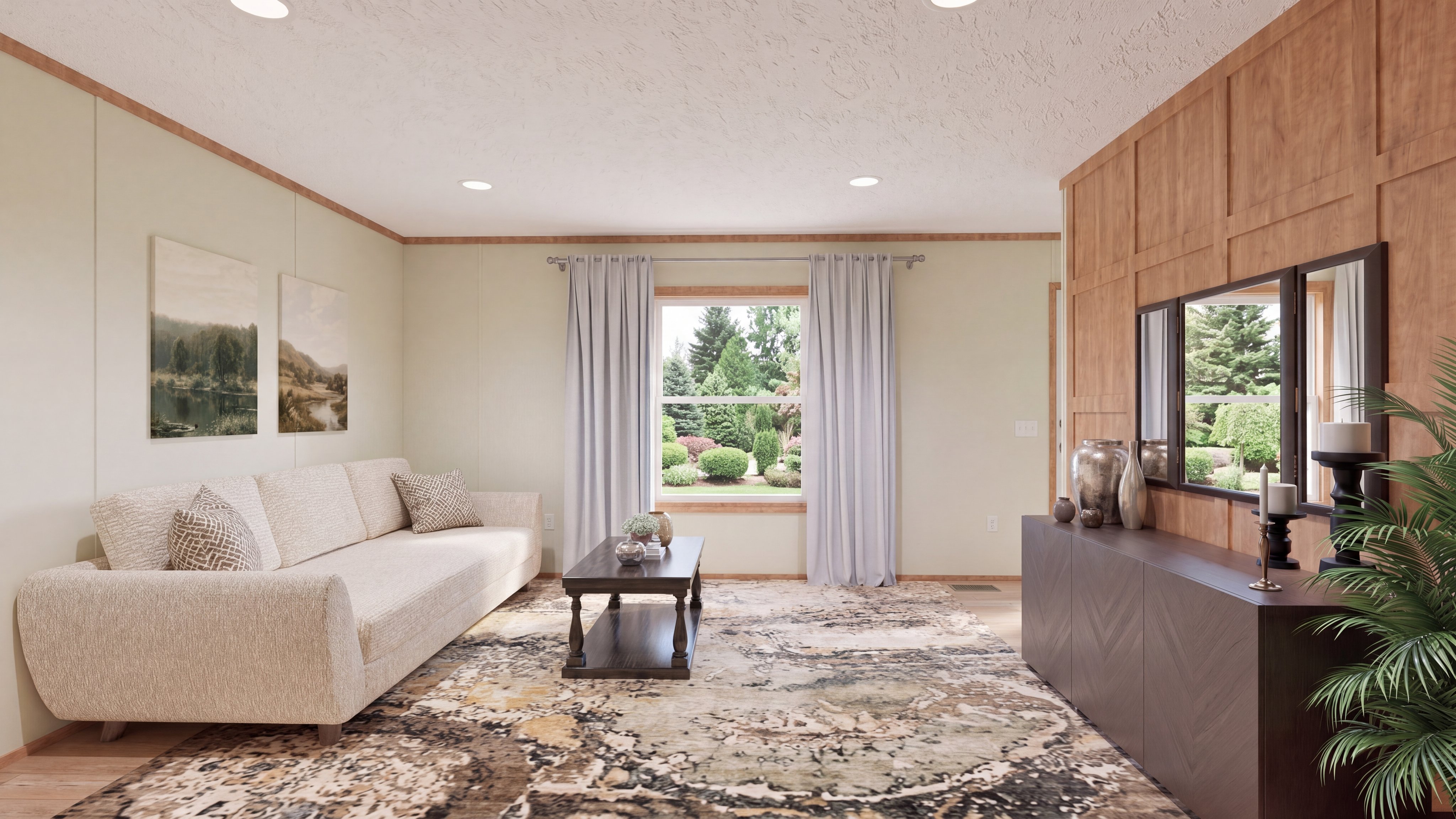 Living room rendering of the Drake home.