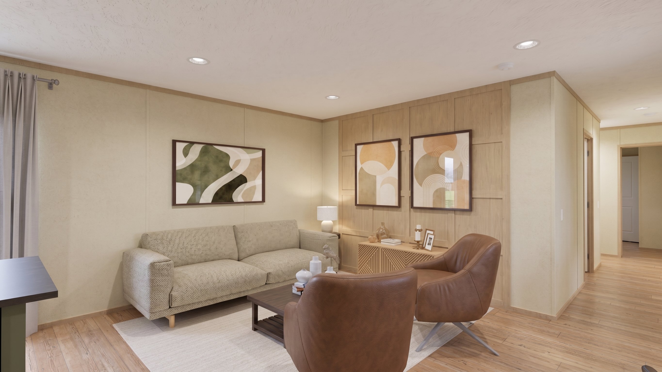 Living room rendering of the Clark home.