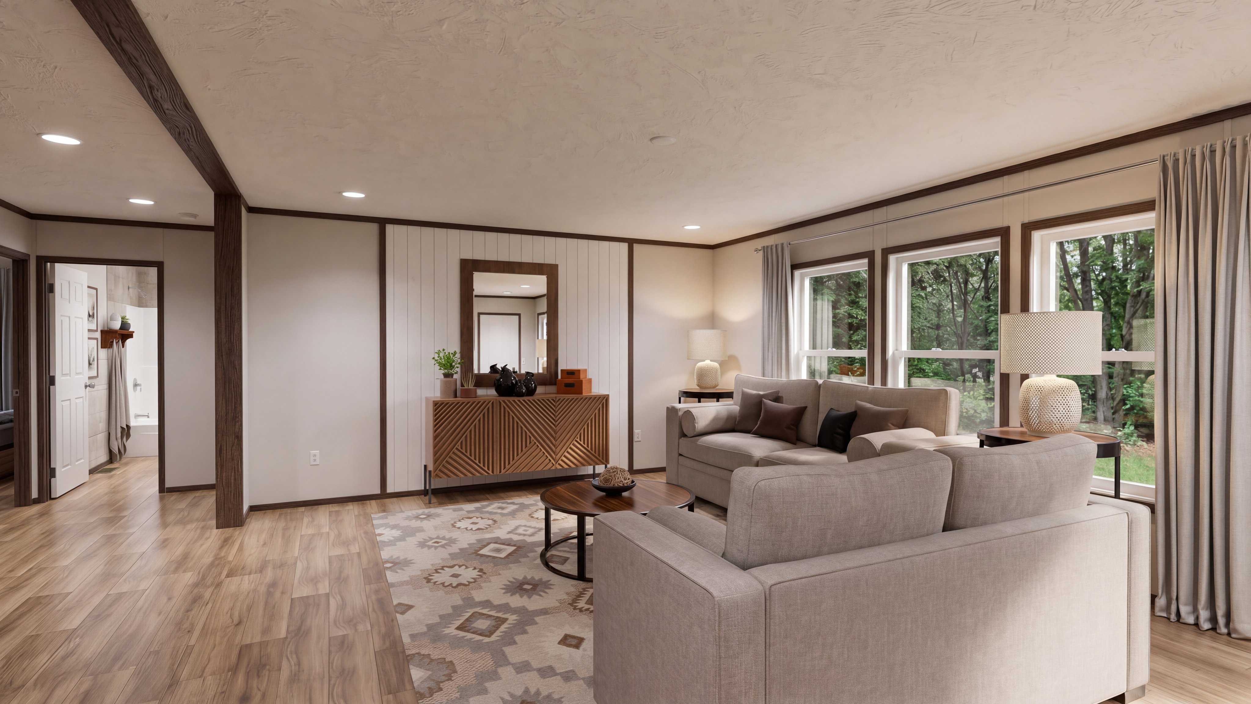 Living room rendering of the Discover home.