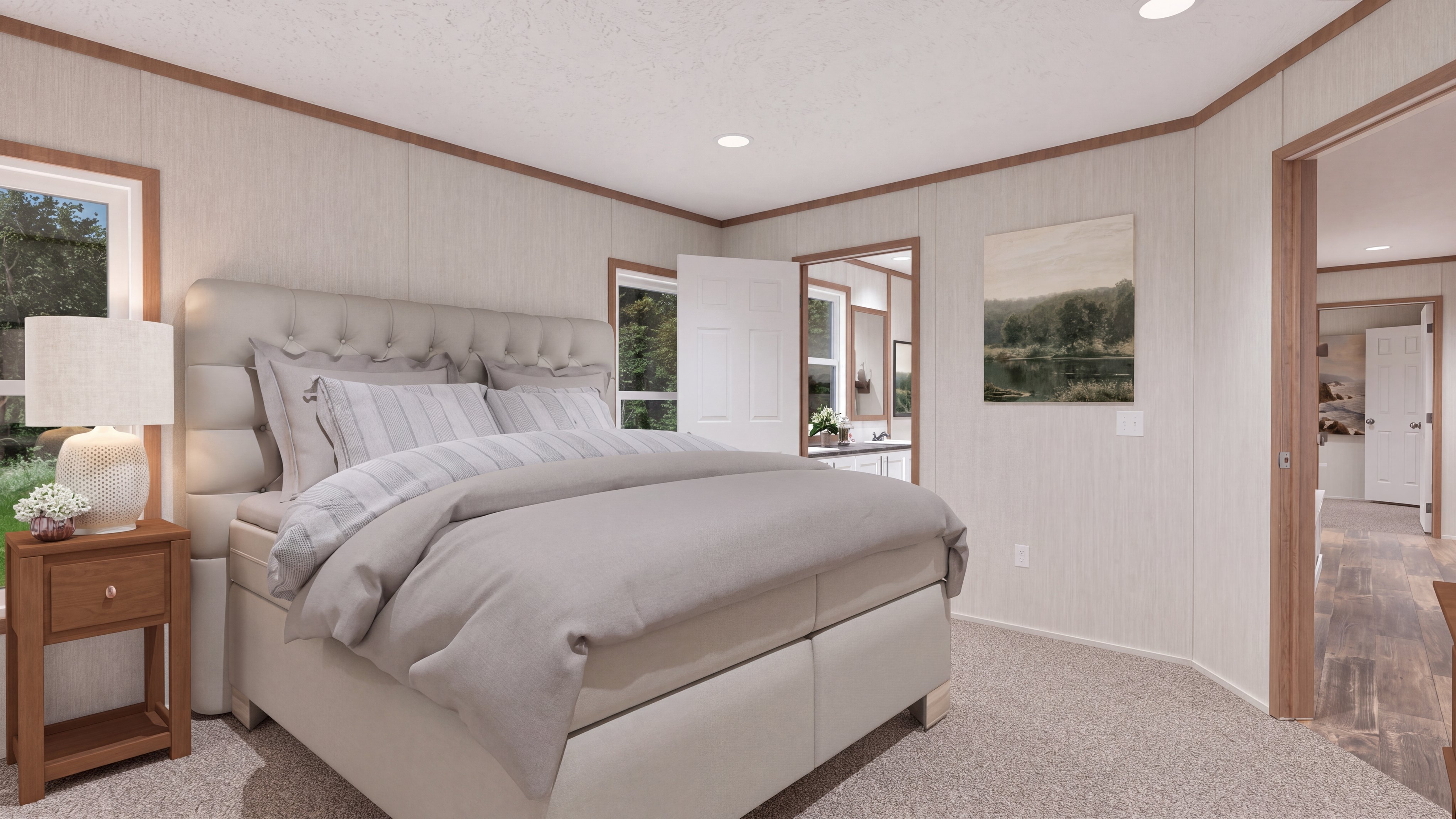 Primary bedroom rendering of the The Southern Farmhouse 48x28 home.