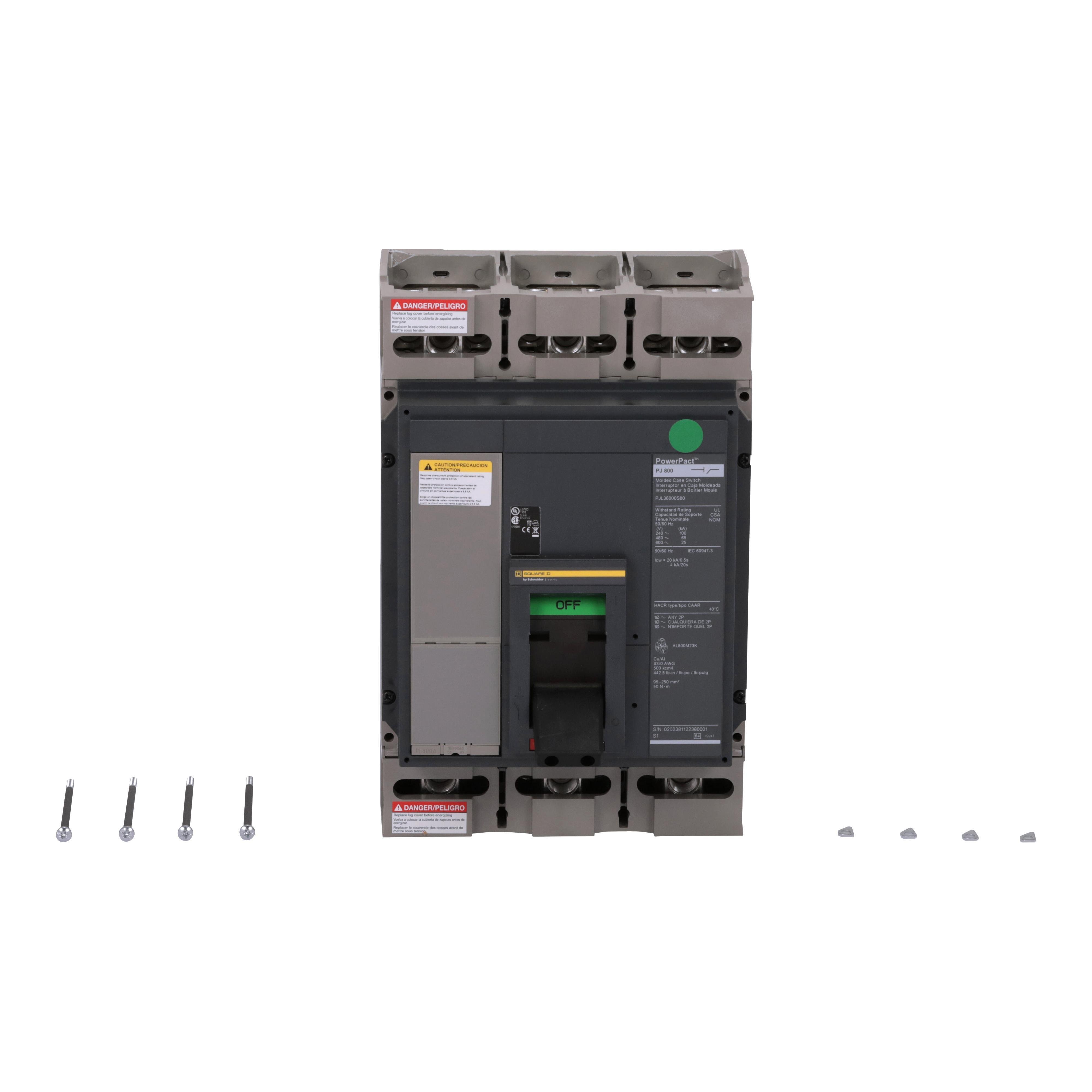 PJL36000S80 - Automatic switch, PowerPacT P, 800A, 3 pole, 600VAC, 25kA, lugs, magnetic