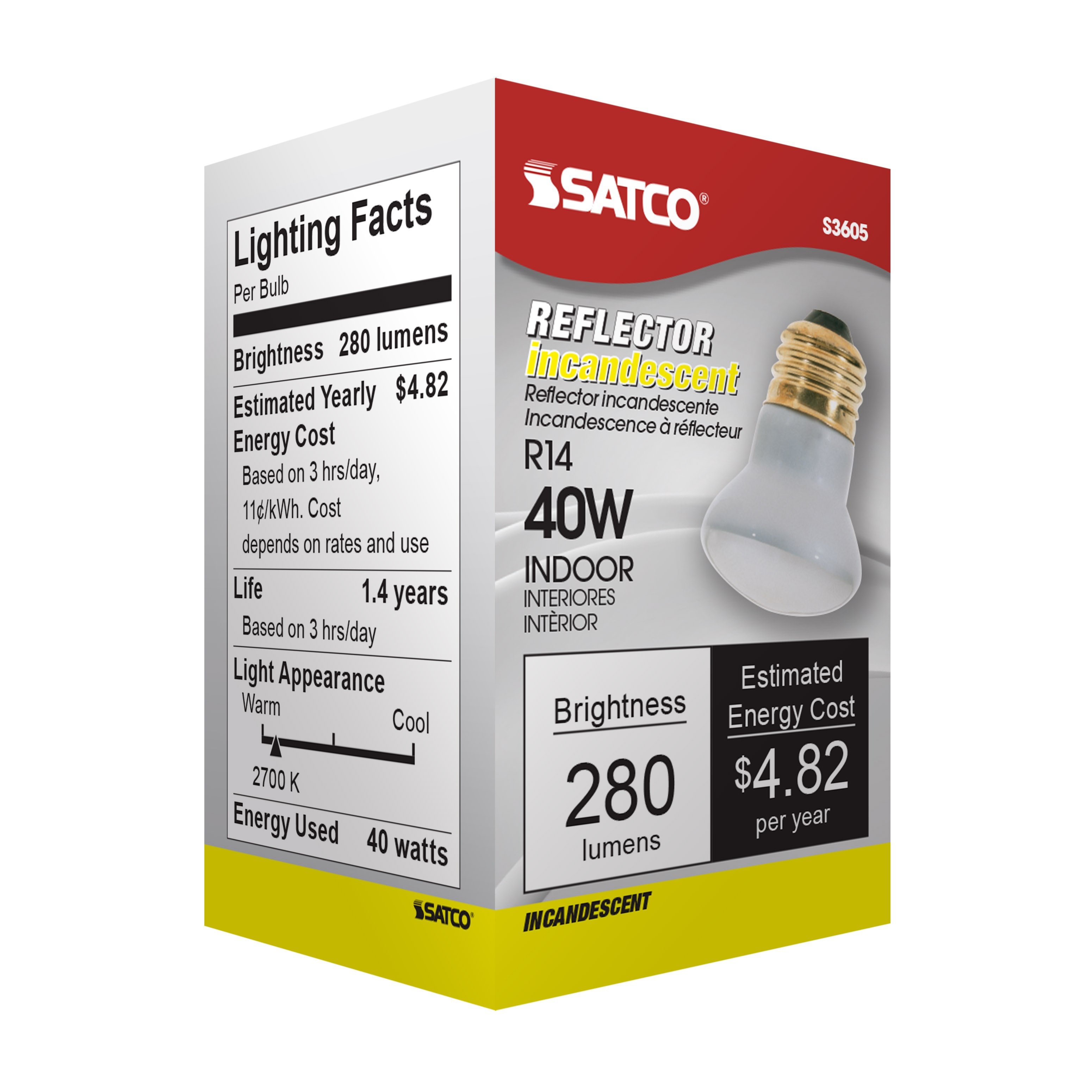 Picture of S3605 - 40 Watt R14 Incandescent - Clear - 1500 Average rated hours - 280 Lumens - Medium base - 120 Volt