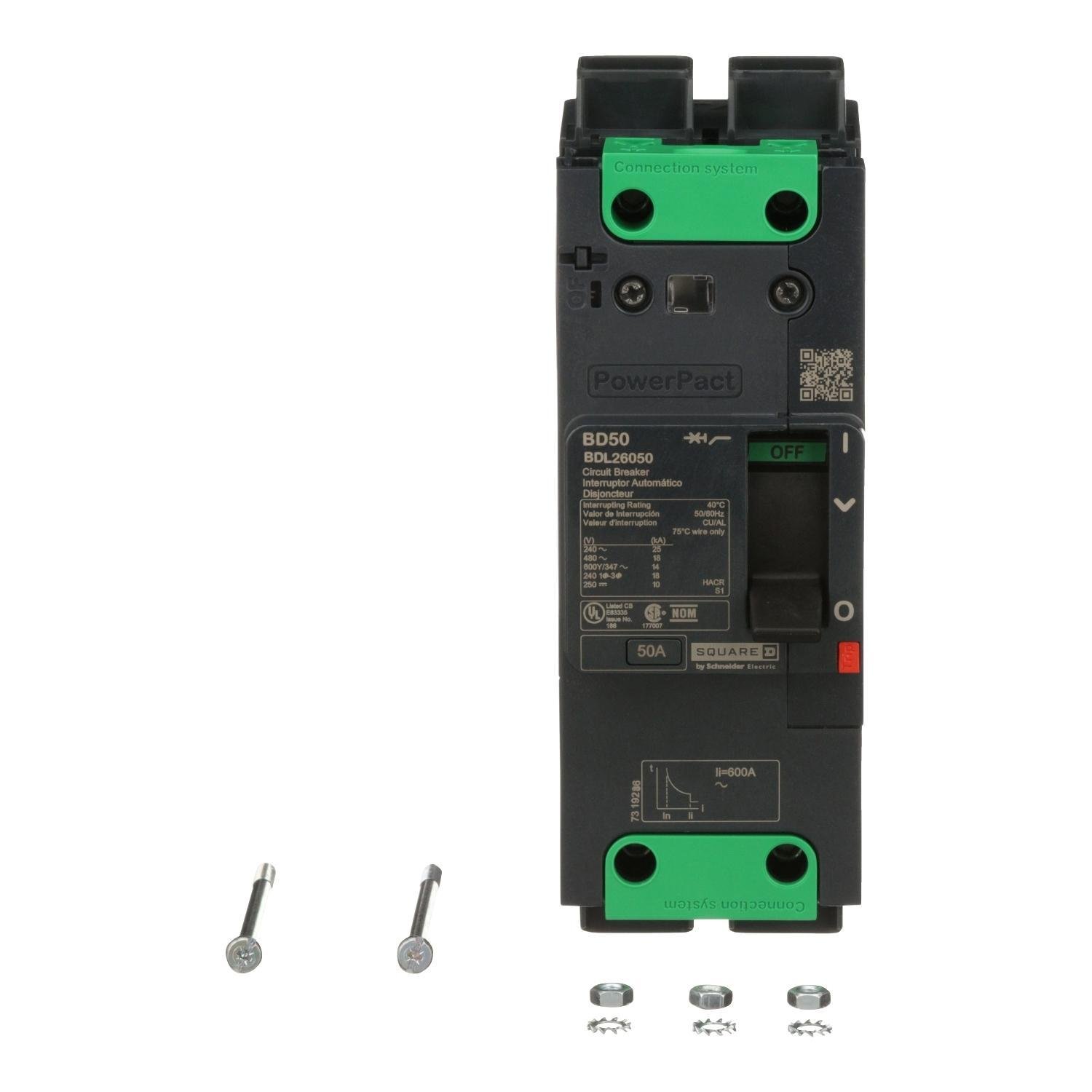 BDL26050 - Circuit breaker, PowerPacT B, 50A, 2 pole, 600Y/347VAC, 14kA, lugs, thermal magnetic, 80%