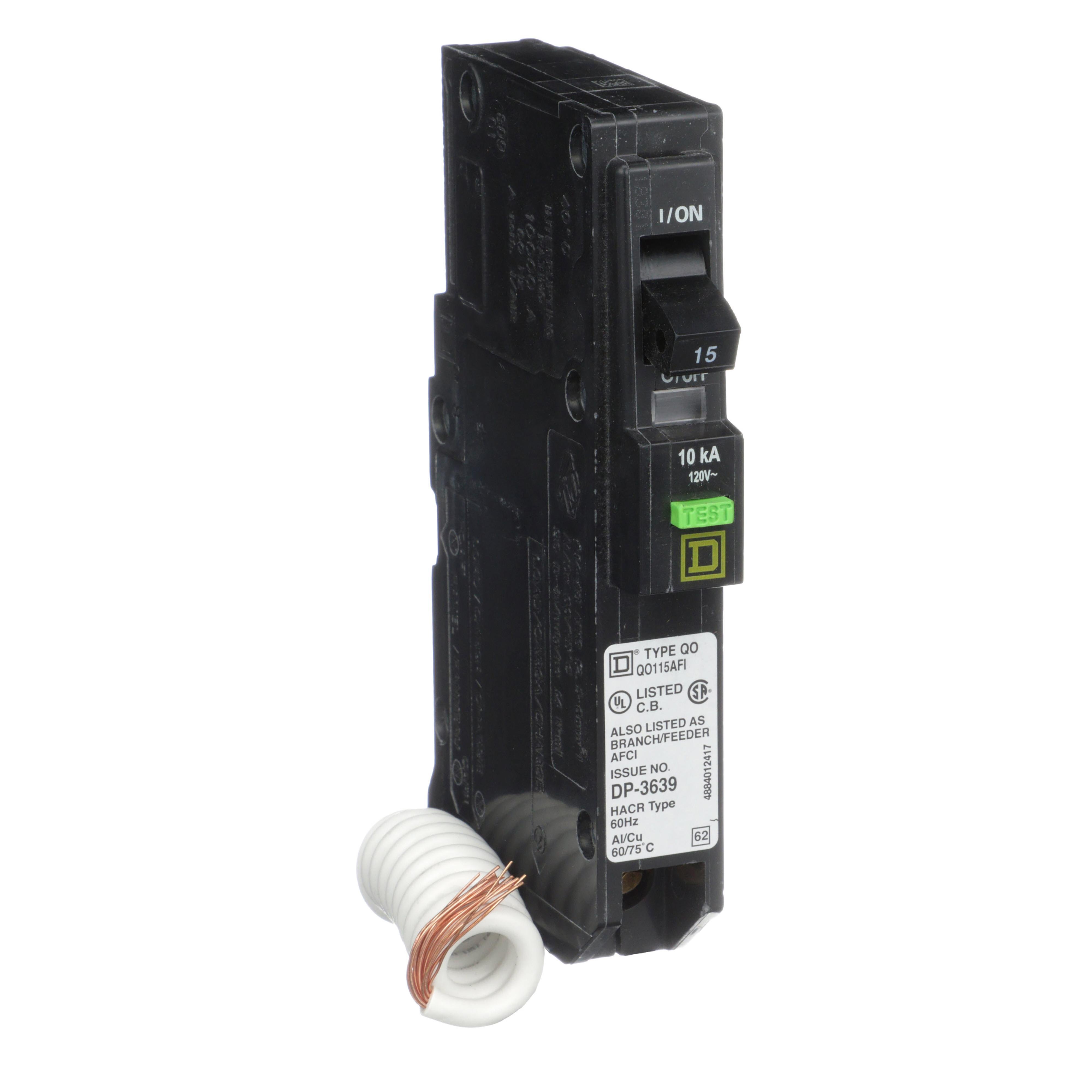 Picture of QO115AFI - Mini circuit breaker, QO, 15A, 1 pole, 120VAC, 10kA, plug in, ARC fault, pigtail