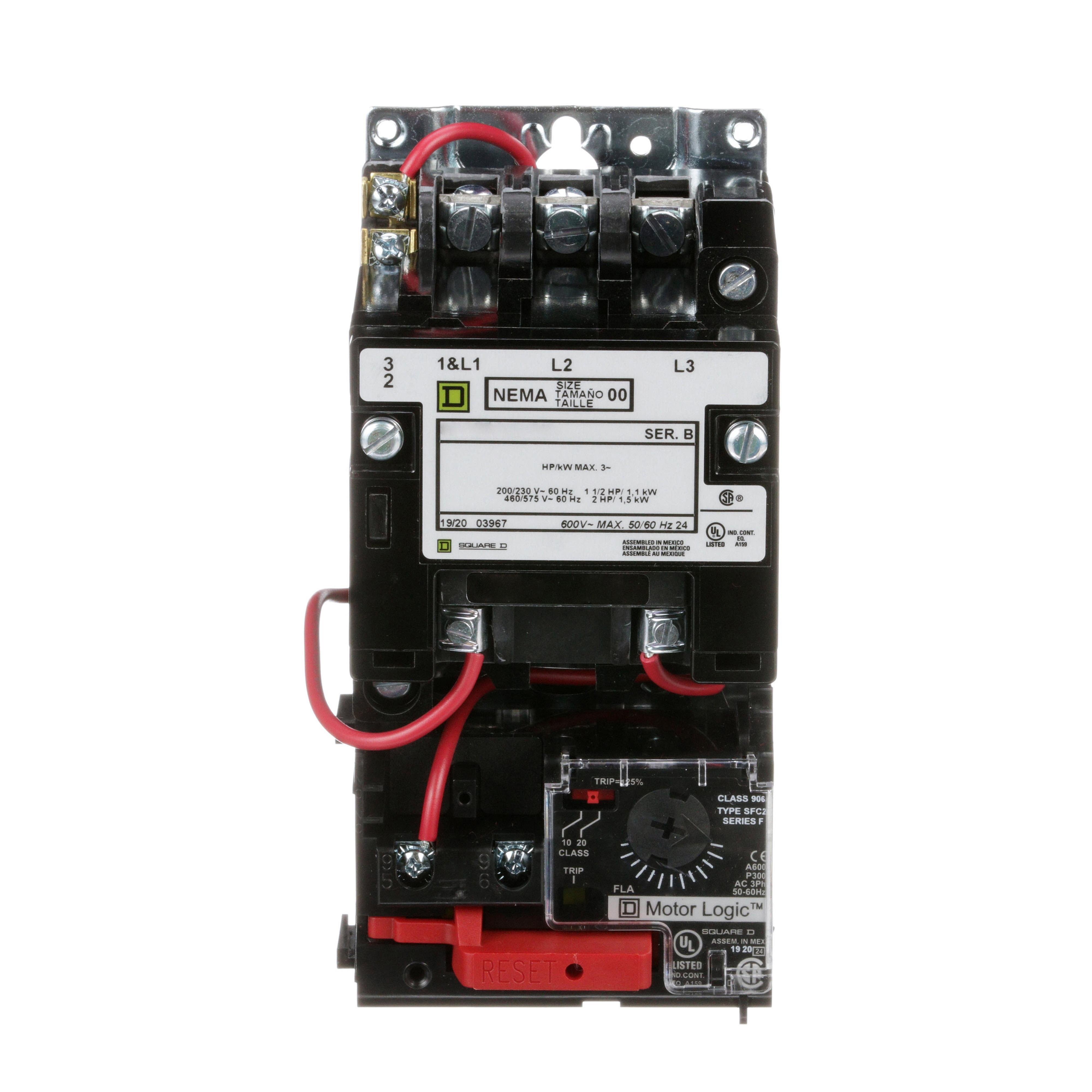 8536SAO12V02H308S - NEMA motor starter, Type S, nonreversing, Size 00, 9A, 2HP at 460VAC, up to 100kA SCCR, 3 phase, 3 pole, Motor Logic, 120VAC coil, open [TAA]