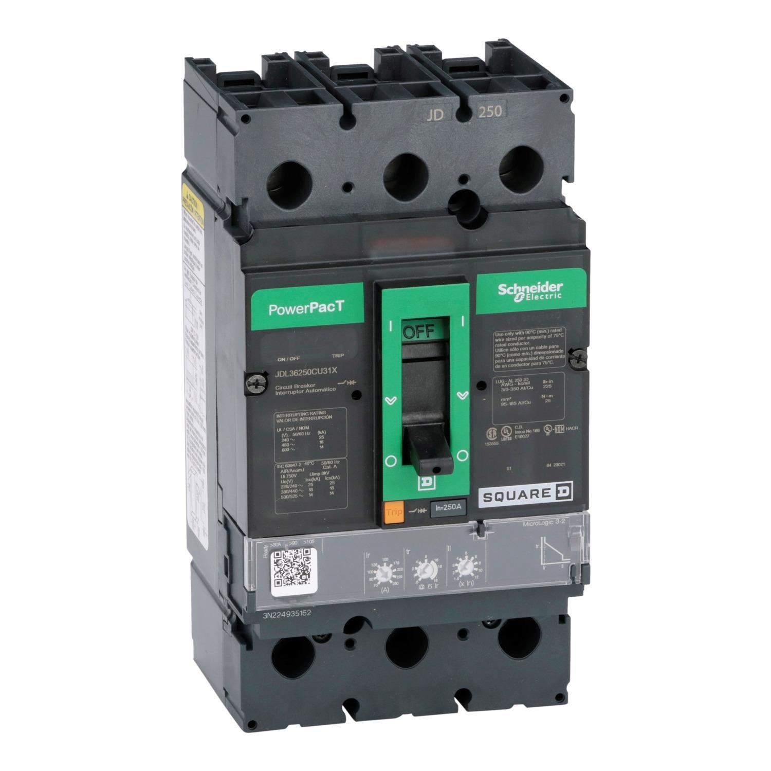 Picture of JDL36250CU31X - Circuit breaker, PowerPacT J, 250A, 3 pole, 600VAC, 14kA, lugs, Micrologic 3.2, 100%