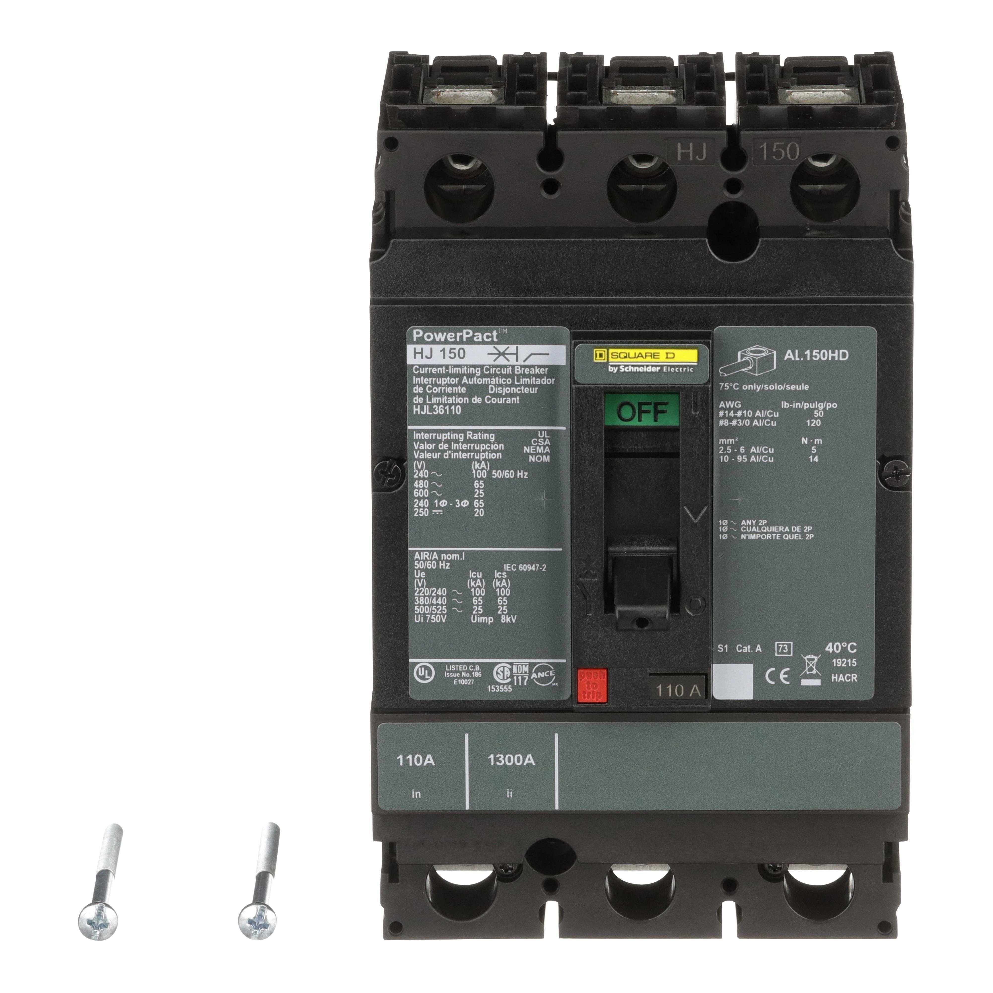 Picture of HJL36110 - Circuit breaker, PowerPacT H, 110A, 3 pole, 600VAC, 25kA, lugs, thermal magnetic, 80%