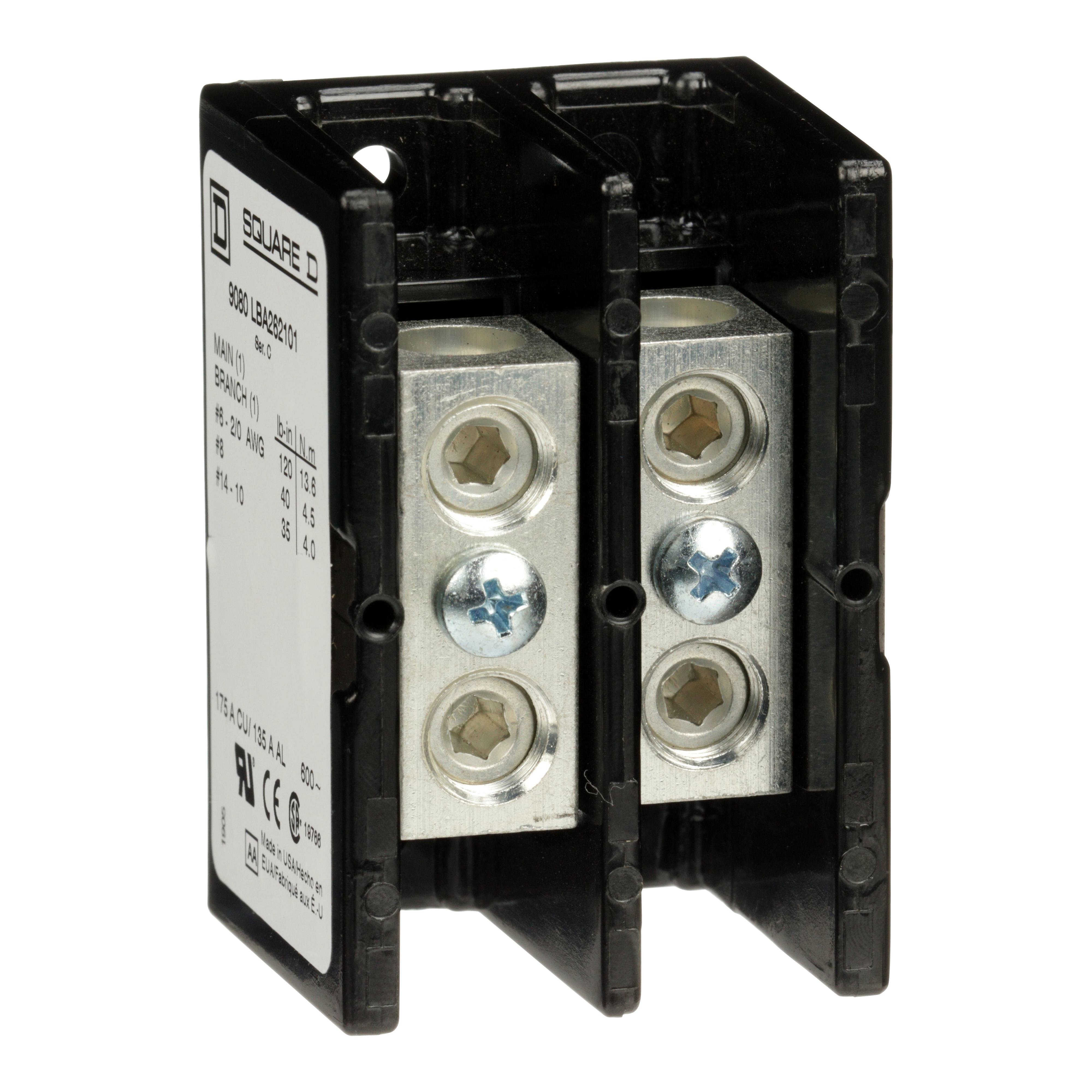 9080LBA262101 - Power distribution block, Linergy, 2 pole, 1 line, 1 load, 175A Cu, 135A Al, 600V