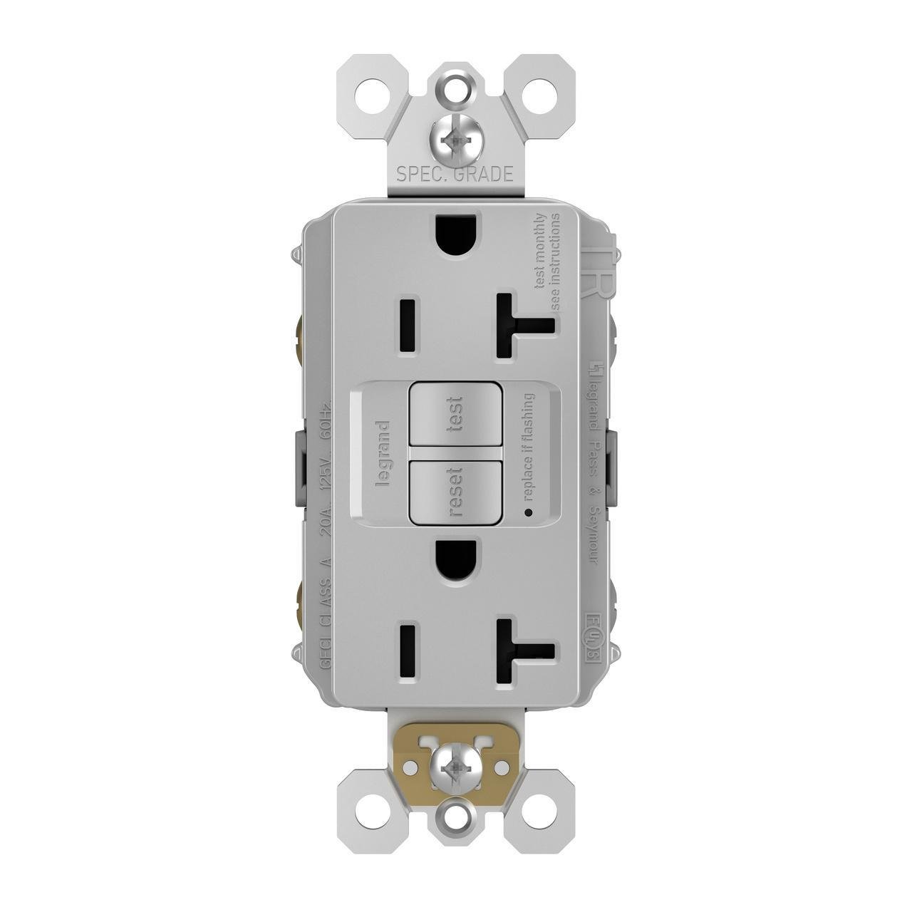 Picture of 2097-TRGRY - radiant® Tamper-Resistant 20A Duplex Self-Test GFCI Receptacle with SafeLock® Protection, Gray