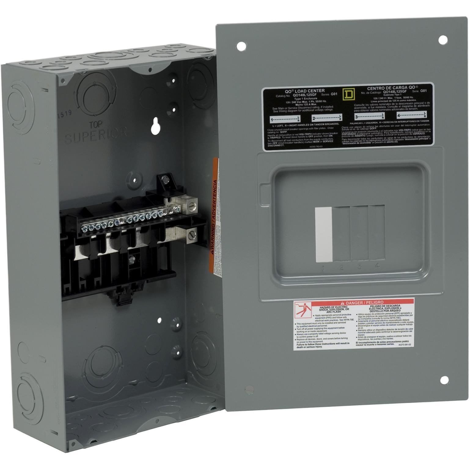 QO148L125GF - Load center, QO, 1 phase, 4 spaces, 8 circuits, 125A fixed main lugs, NEMA1, gnd bar, flush cover