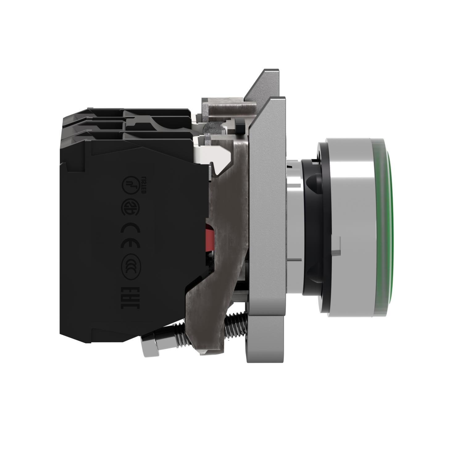 Picture of XB4BW33G5 - Illuminated push button, Harmony XB4, metal, green flush, 22mm, universal LED, plain lens, 1NO + 1NC, 110...120V AC