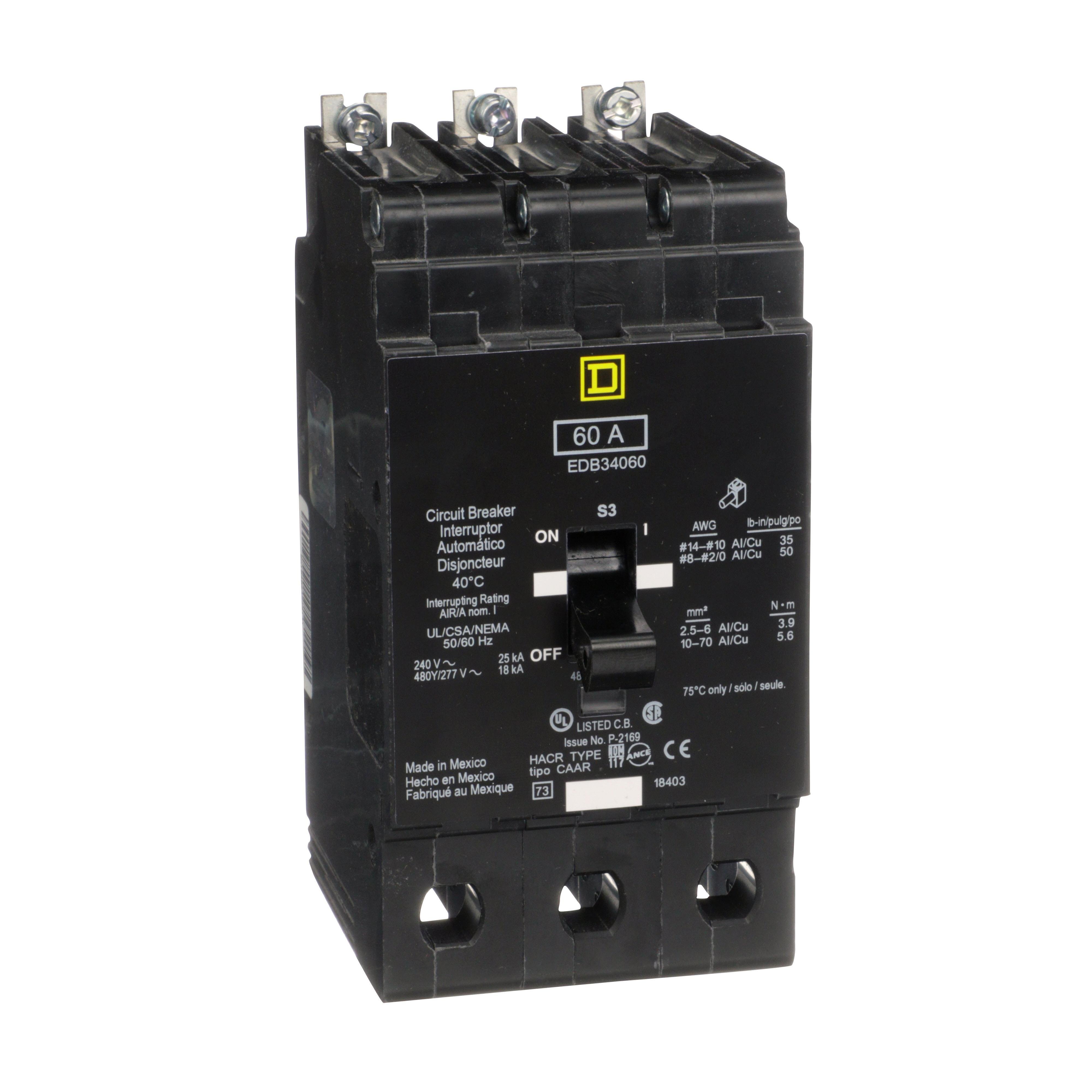 EDB34060 - [TAA] Mini circuit breaker, E-Frame, 60A, 3 pole, 480Y/277VAC, 25kA max, bolt on
