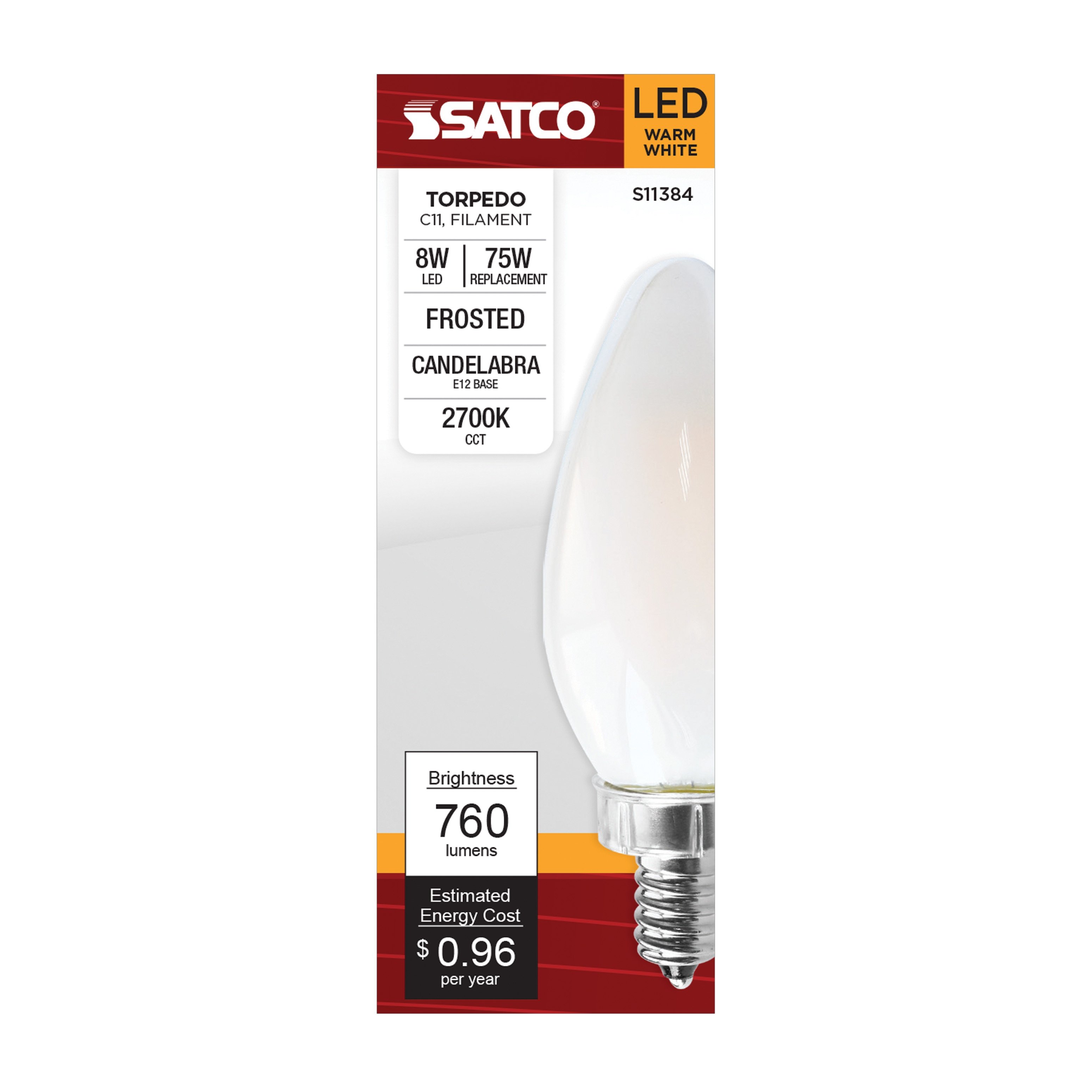 Picture of S11384 - 8 Watt C11 LED - Frosted - Candelabra base - 2700K - 90 CRI - 760 Lumens - 120 Volt