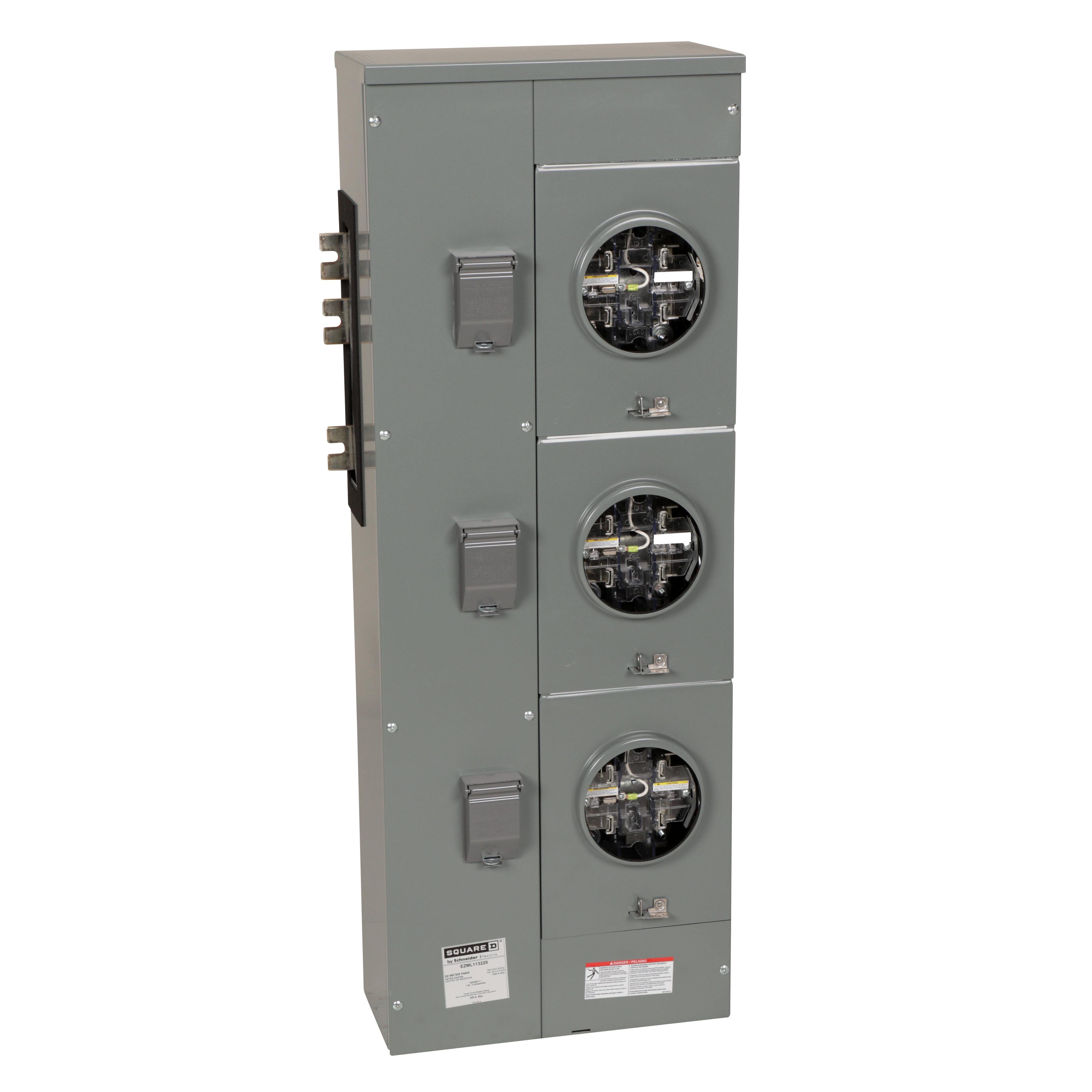 EZML113225 - Branch unit, EZ Meter-Pak, 225A, 3 x 5 jaw sockets, 120/240VAC, lever bypass, ringless, 1200A Al/Cu busbar