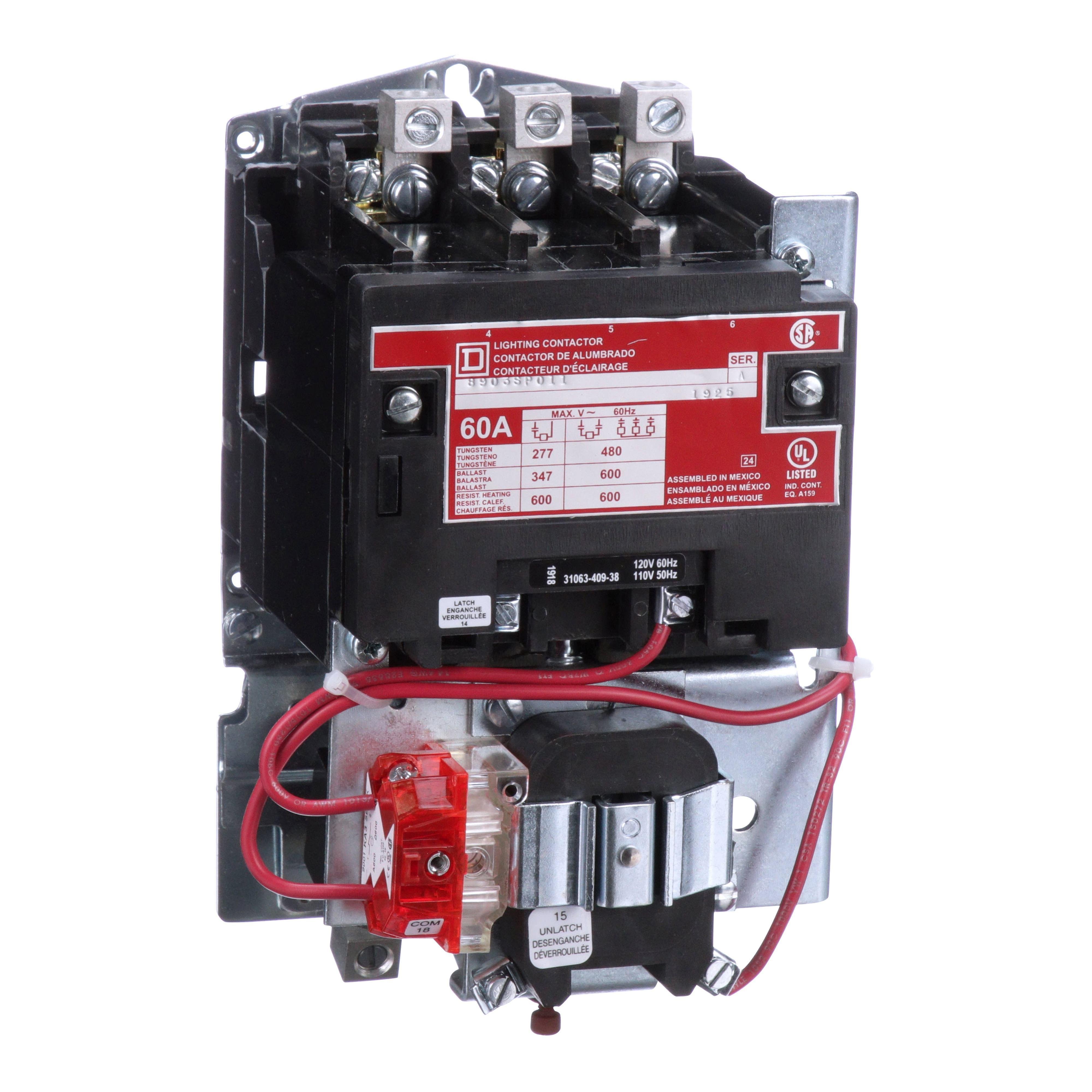Picture of 8903SPO11V02 - Contactor, Type S, multipole lighting, mechanically held, 60A, 3 pole, 110/120VAC 50/60Hz coil, open style [TAA]