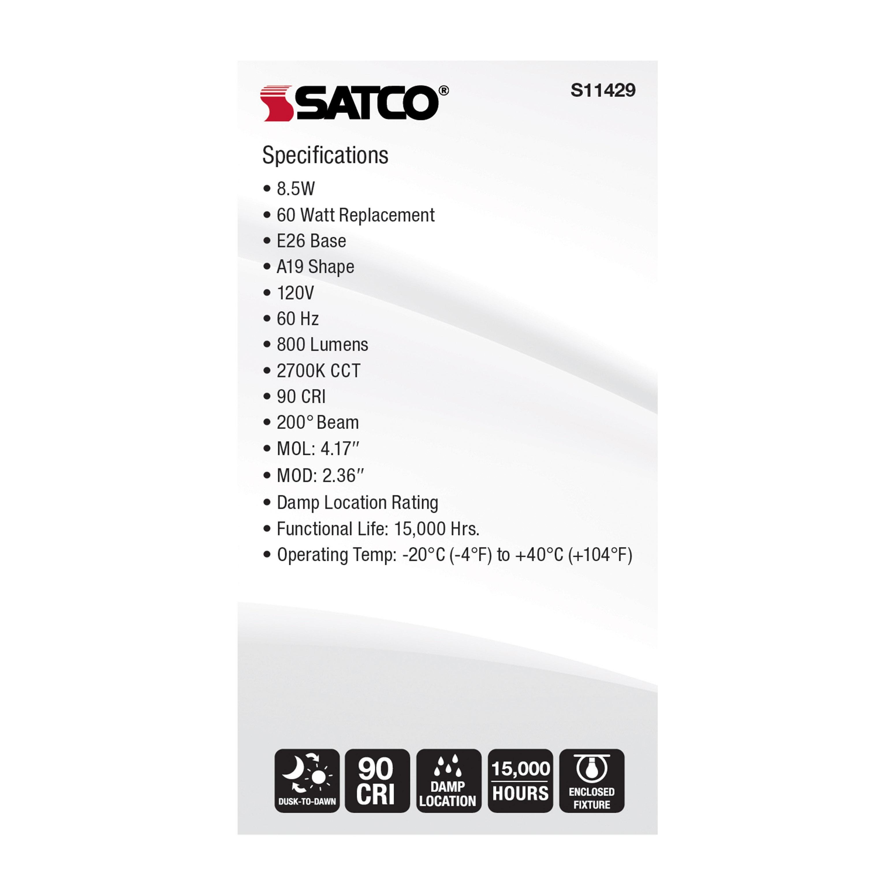 Picture of S11429 - 8.5 Watt - A19 LED - Dusk to Dawn - 2700K - 90CRI - Medium base - 200 deg. Beam Angle - 120 Volt