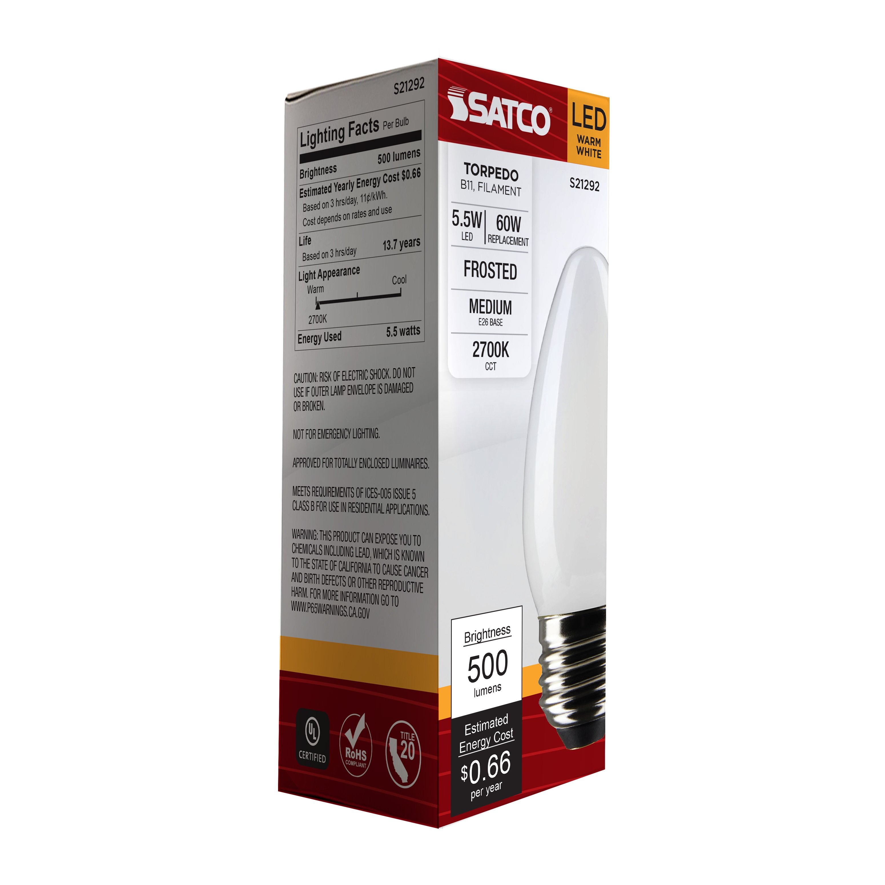 Picture of S21292 - 5.5 Watt B11 LED - Frost - Medium base - 90 CRI - 2700K - 120 Volt