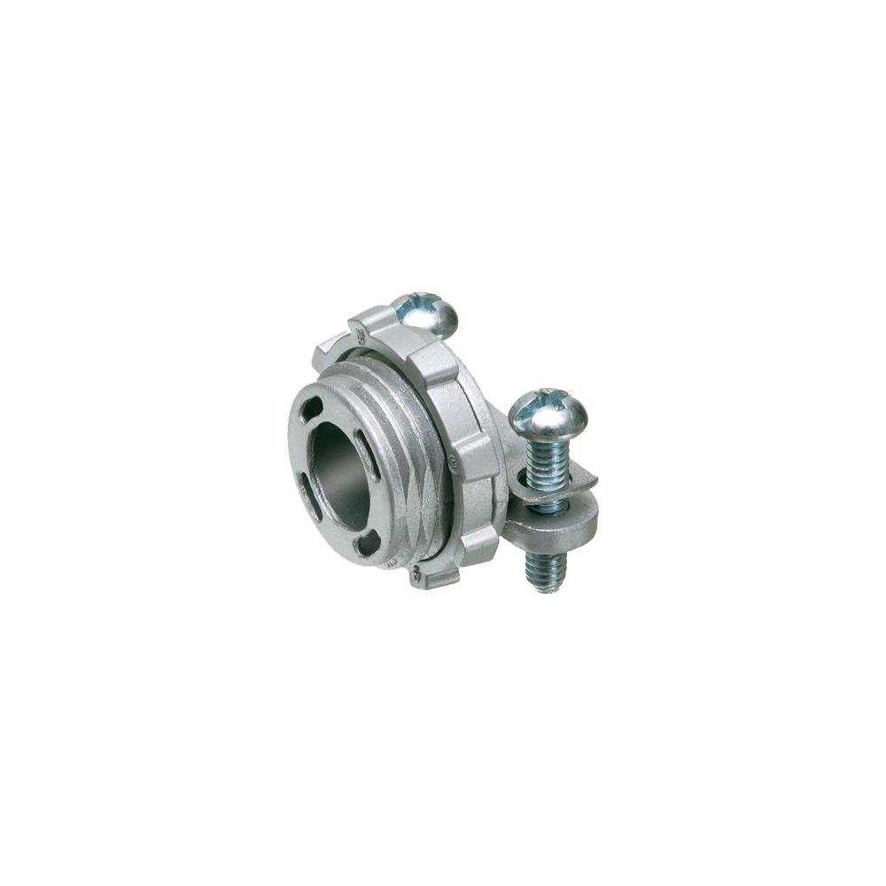 8400 - Zinc die-cast, 1/2" knockout cable connector with round end stop. End stop diameter: .400. Also accommodates MCI-A cable ranges. Secures into knockout with a locknut.