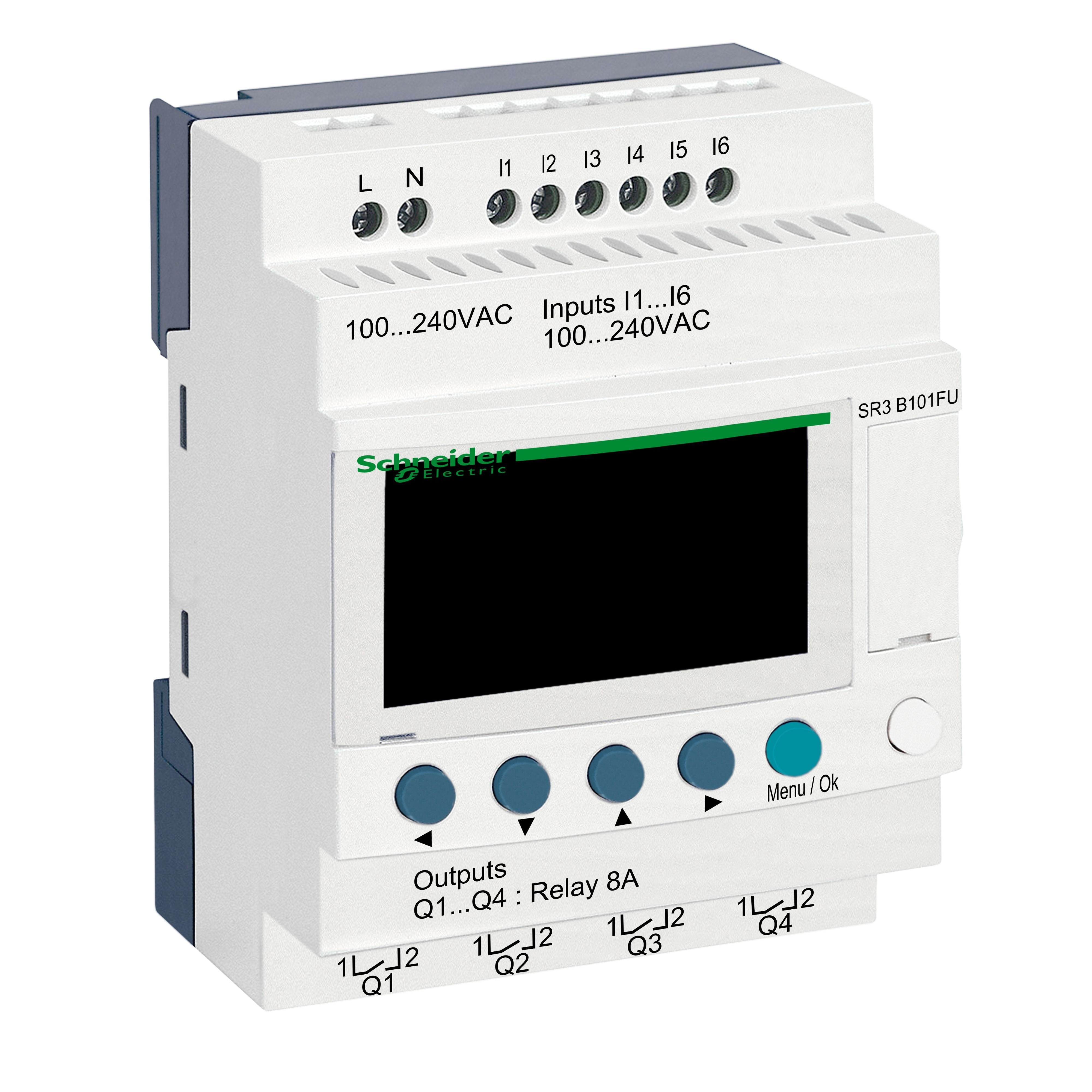 Picture of SR3B101FU - modular smart relay, Zelio Logic SR2 SR3, 10 IO, 100 to 240V AC, clock, display