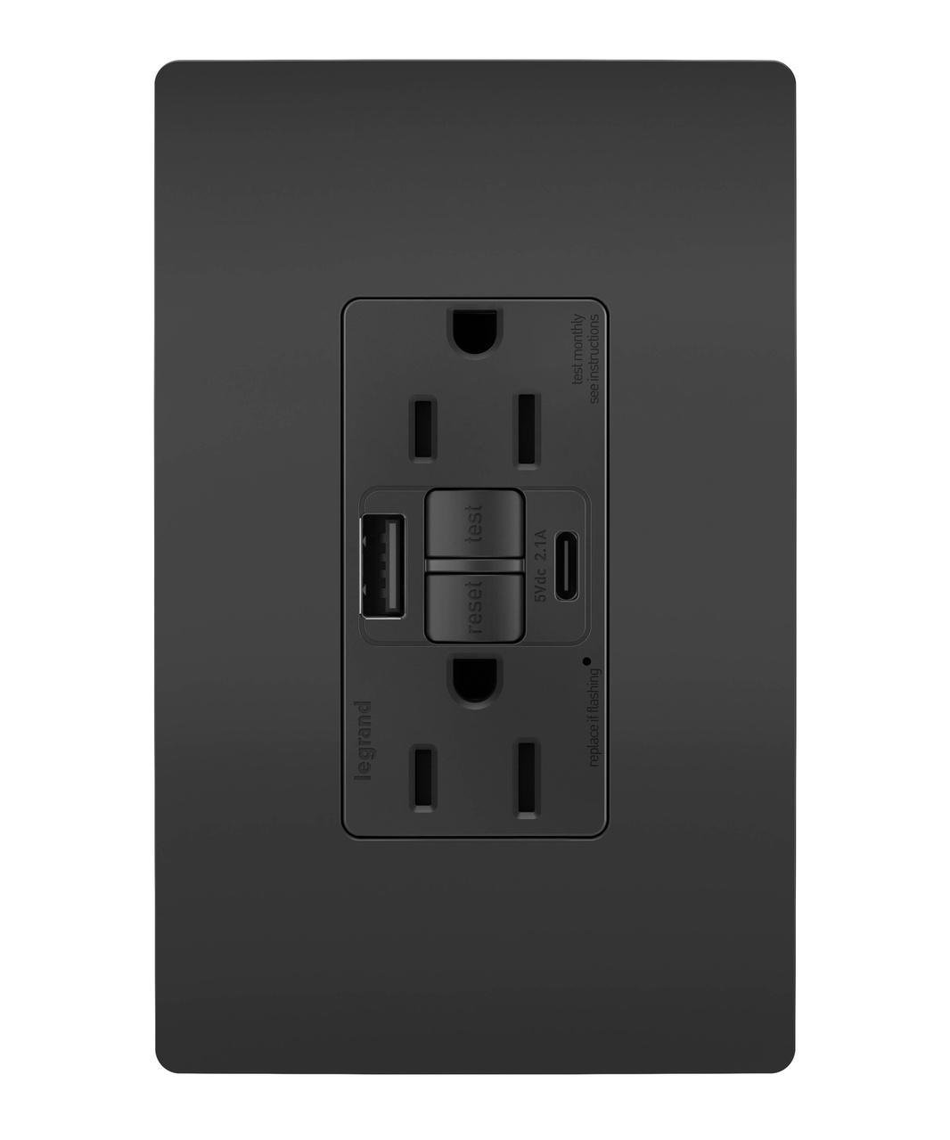 Picture of 1597TRUSBACBK - radiant® Tamper-Resistant 15A Duplex Self-Test GFCI Receptacles with SafeLock® Protection, USB Type A/C, Black