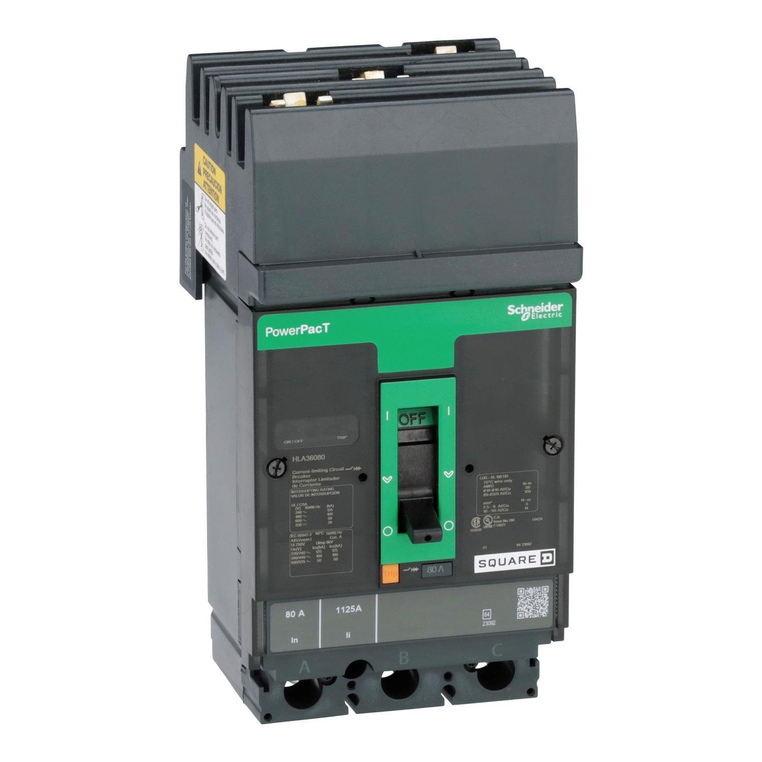 Picture of HLA36080 - Circuit breaker, PowerPacT H, 80A, 3 pole, 600VAC, 50kA, I-Line, thermal magnetic, 80%, ABC
