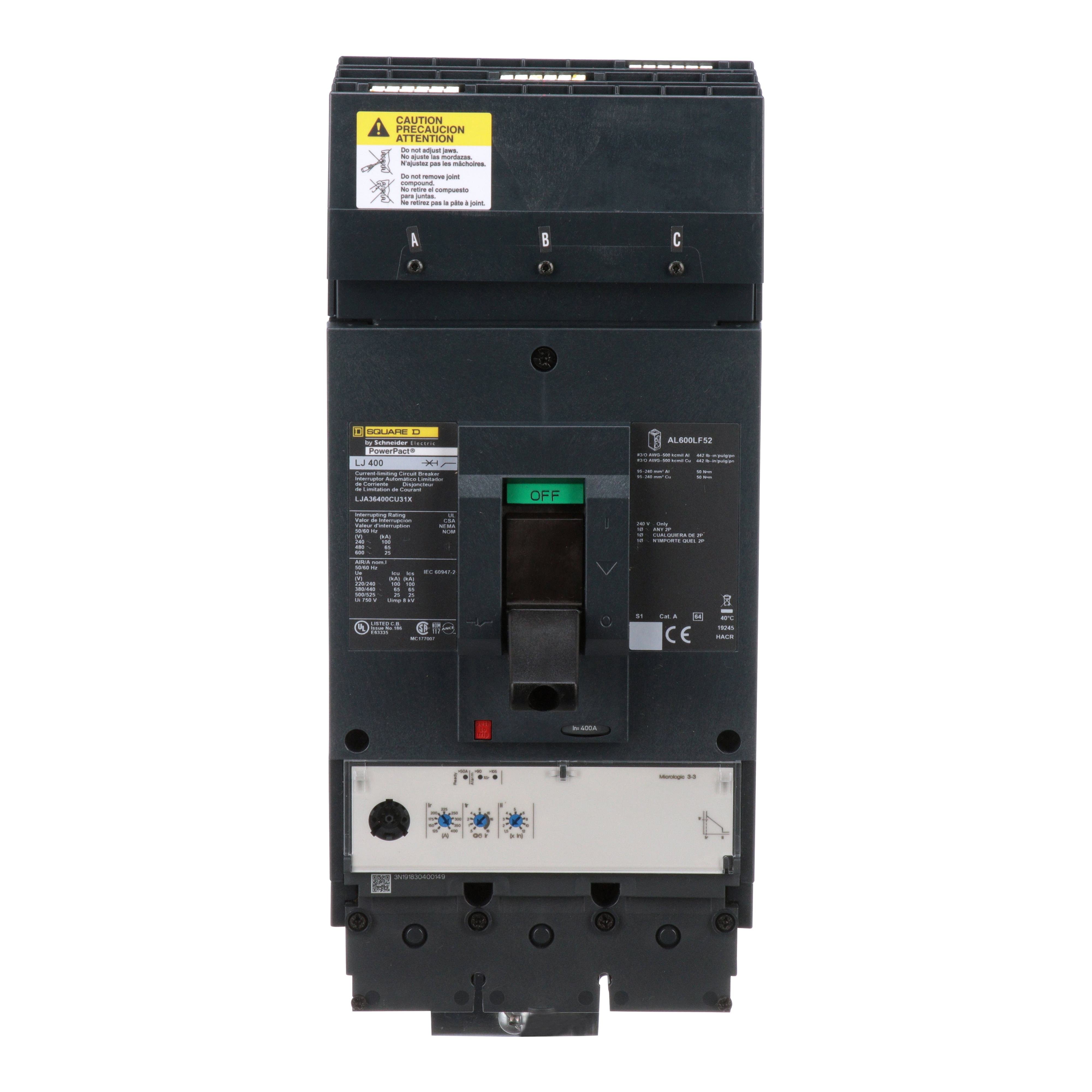 Picture of LJA36400CU31X - Circuit breaker, PowerPacT L, 400A, 3 pole, 600VAC, 25kA, I-Line, MicroLogic 3.3, 100%, ABC