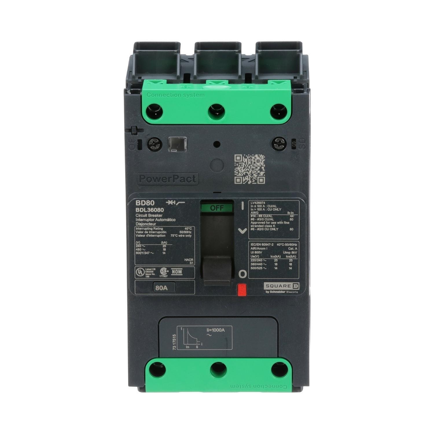 BDL36080 - Circuit breaker, PowerPacT B, 80A, 3 pole, 600Y/347VAC, 14kA, lugs, thermal magnetic, 80%