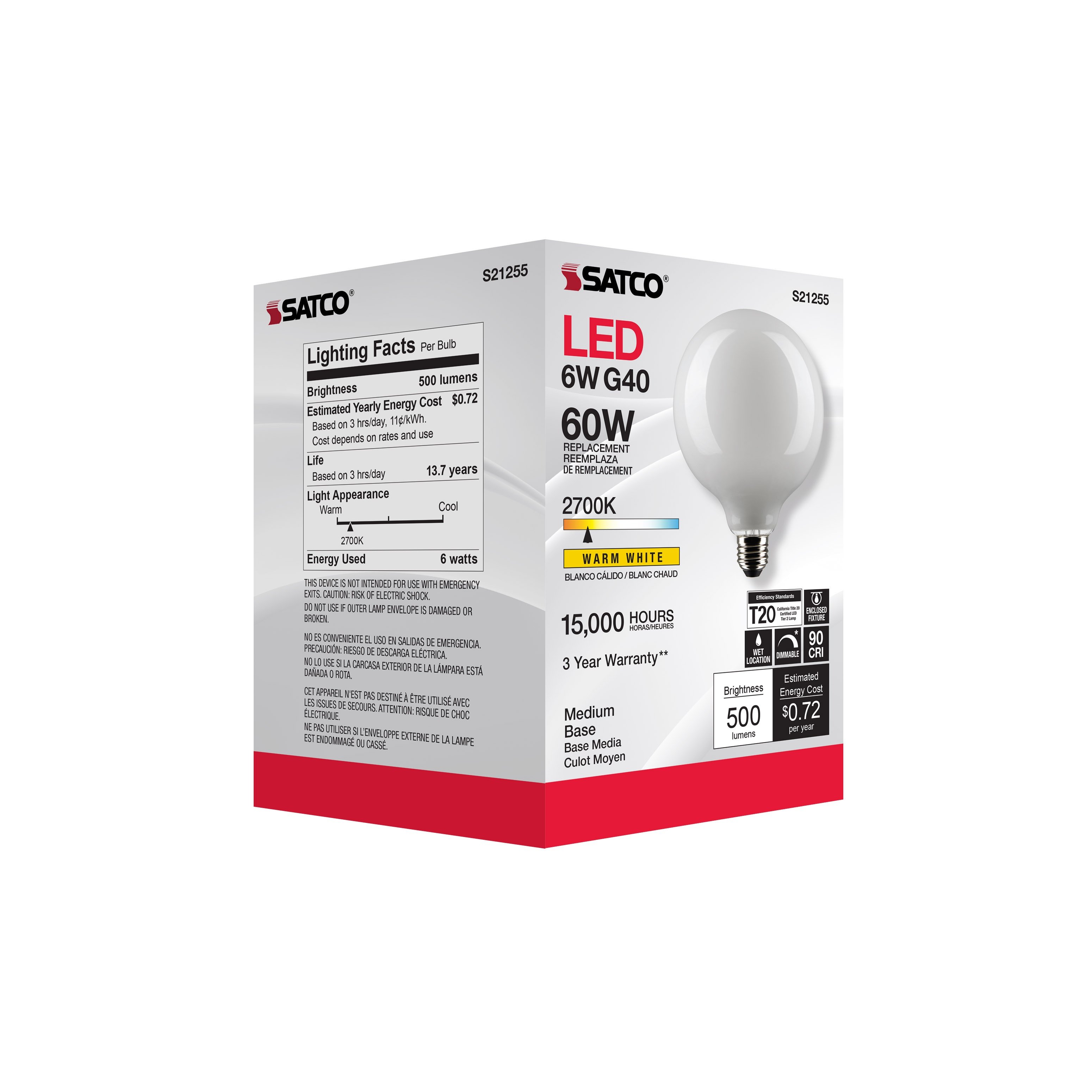 Picture of S21255 - 6 Watt G40 LED - White - Medium base - 90 CRI - 2700K - 120 Volt