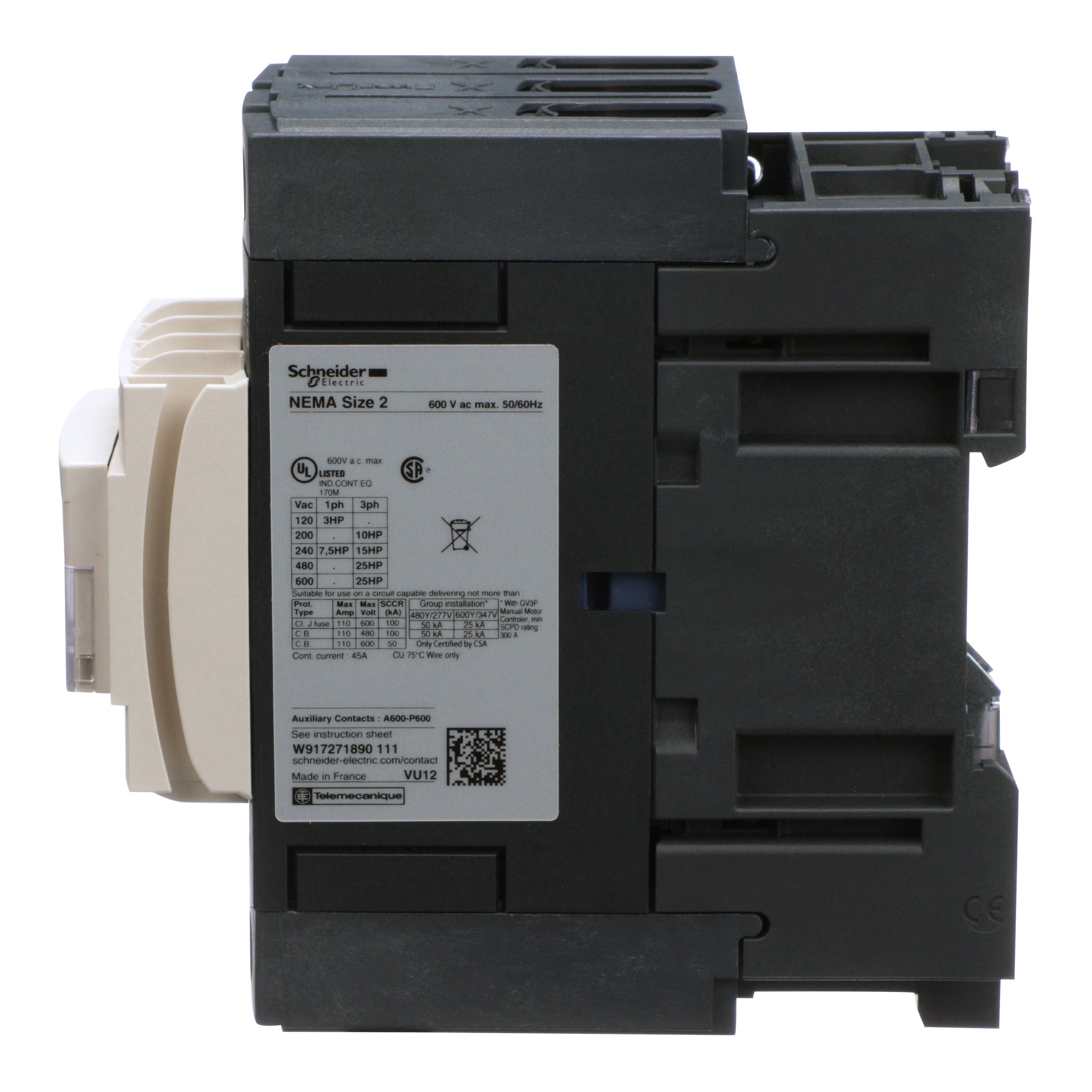 Picture of T02DN13G7 - Contactor, Tesys N Contactors, nonreversing, 3P, 3phase, 45A, 25HP at 460VAC, NEMA size 2, 120VAC 50/60Hz coil, open