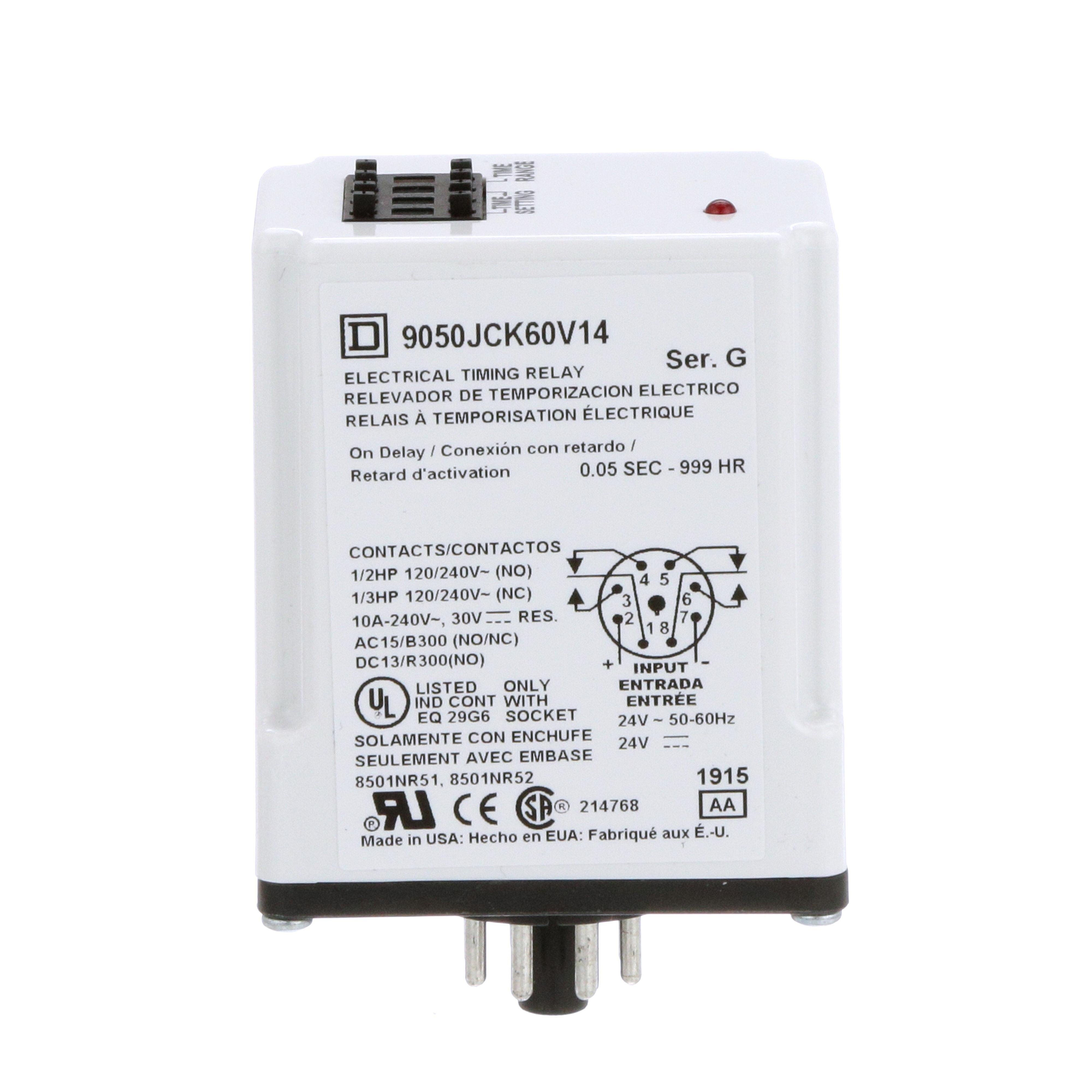 Picture of 9050JCK60V14 - Timing Relay, Type JCK, plug In, on delay, programmable, 0.5 second to 999 hours, 10A, 240 VAC, 24 VAC/DC