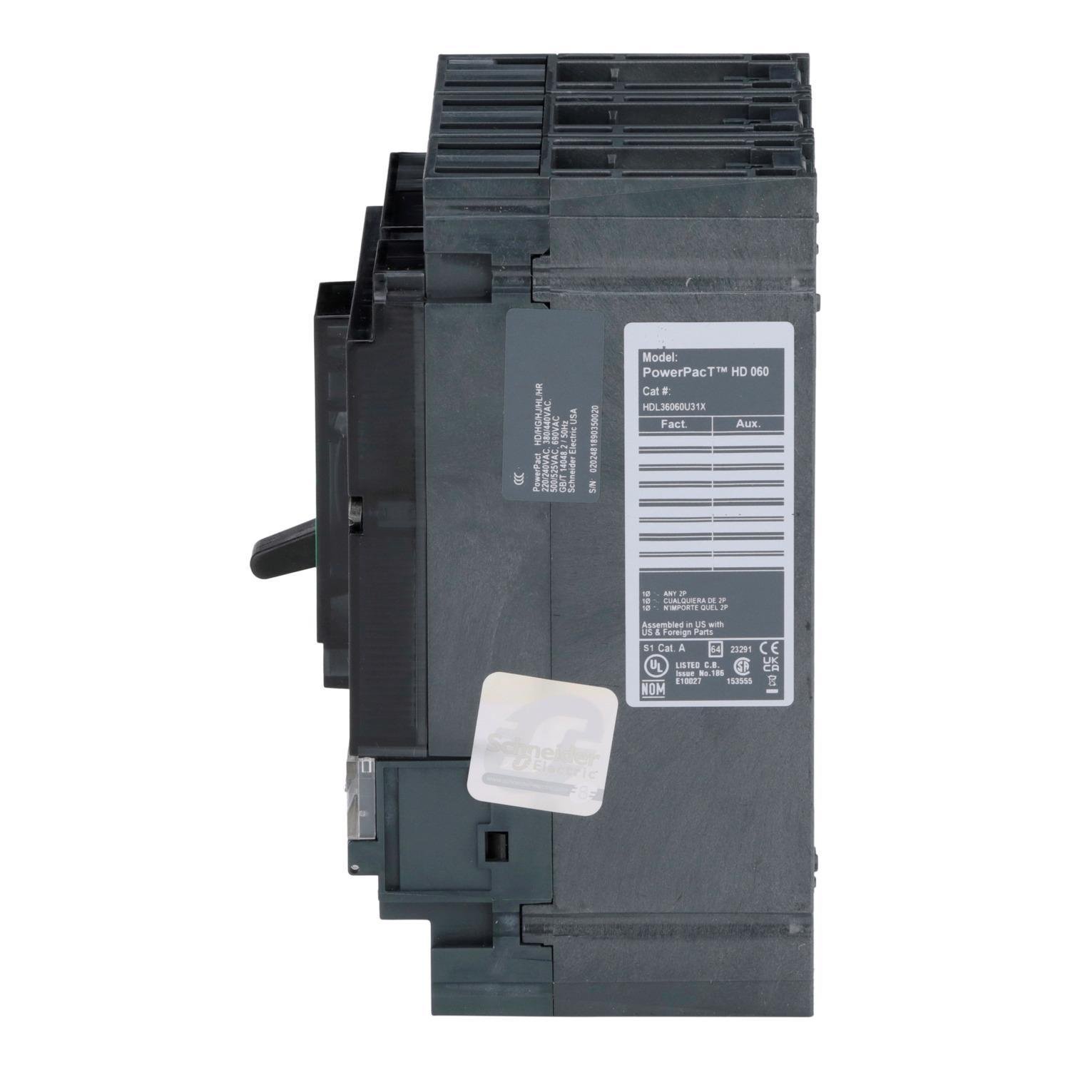 Picture of HDL36060U31X - Circuit breaker, PowerPacT H, 60A, 3 pole, 600VAC, 14kA, lugs, Micrologic 3.2, 80%