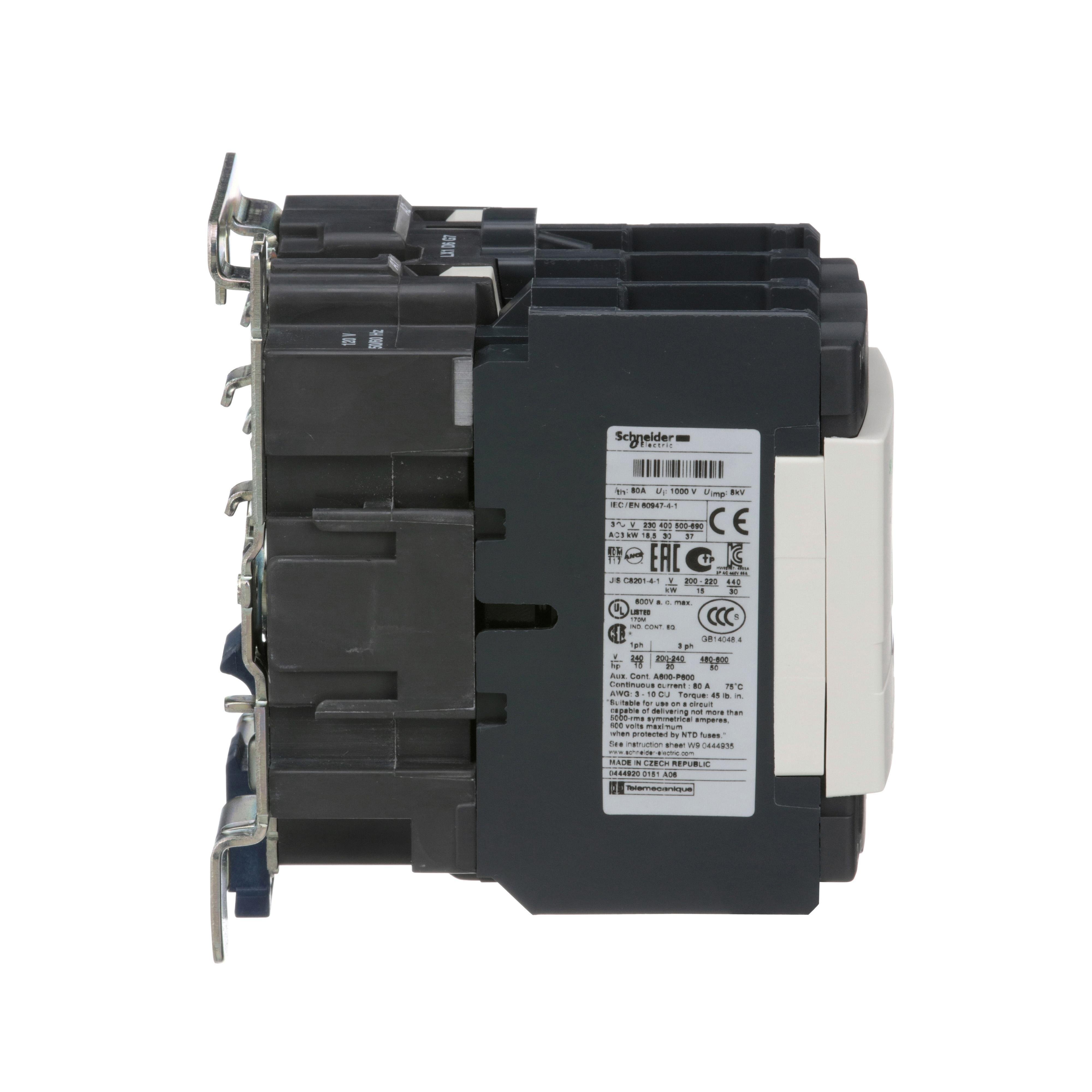 Picture of LC1D65G7 - TeSys D IEC contactor, 65 A, 3 P, 40 HP at 480 VAC, nonreversing, 120 VAC 50/60 Hz coil