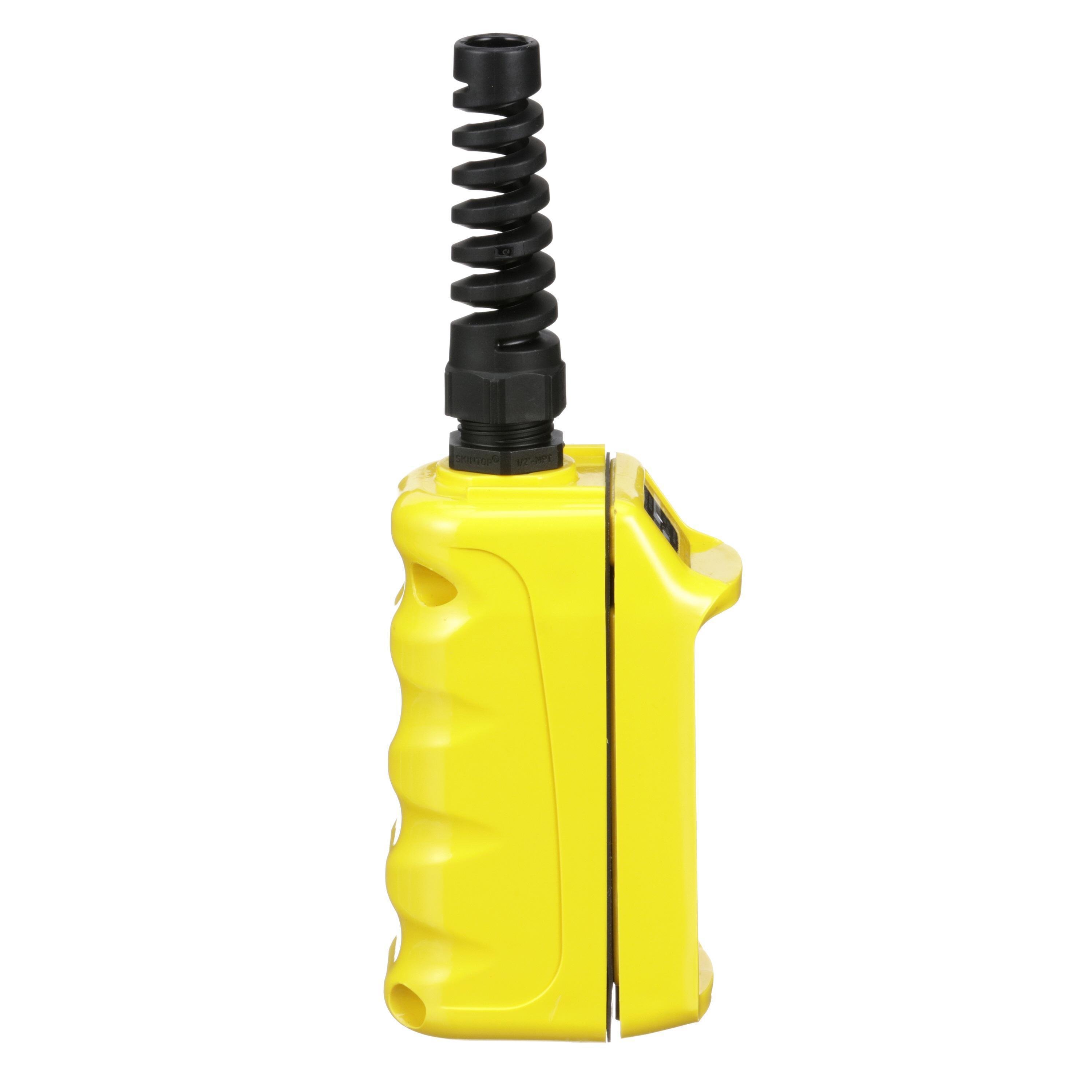 Picture of 9001BW93Y - Pendant Station, 2 mechanically interlocked push buttons, NO contacts, FORWARD REVERSE, yellow enclosure, 600 VAC 5 A