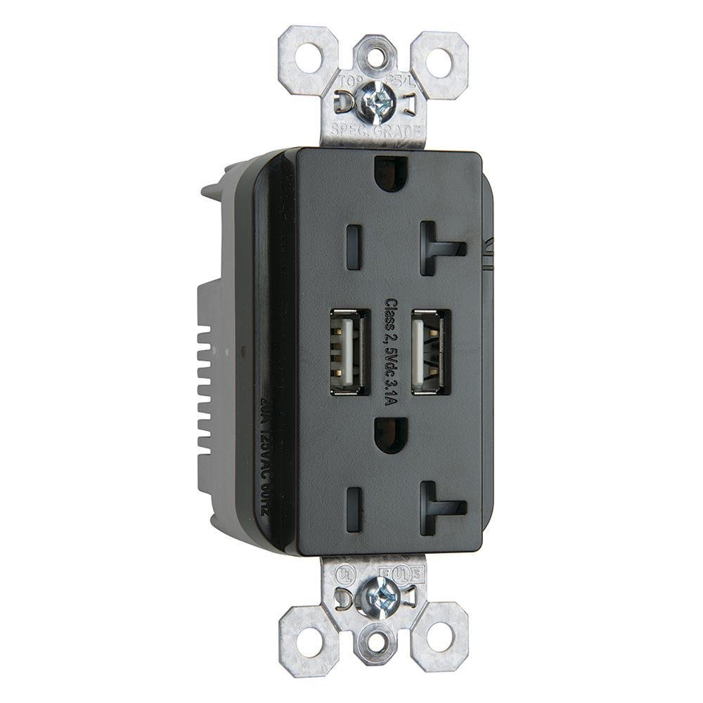 TR-5362USBBK - 20A 125V Fed Spec-Grade Tamper-Resistant USB Type A/A Outlet, Black