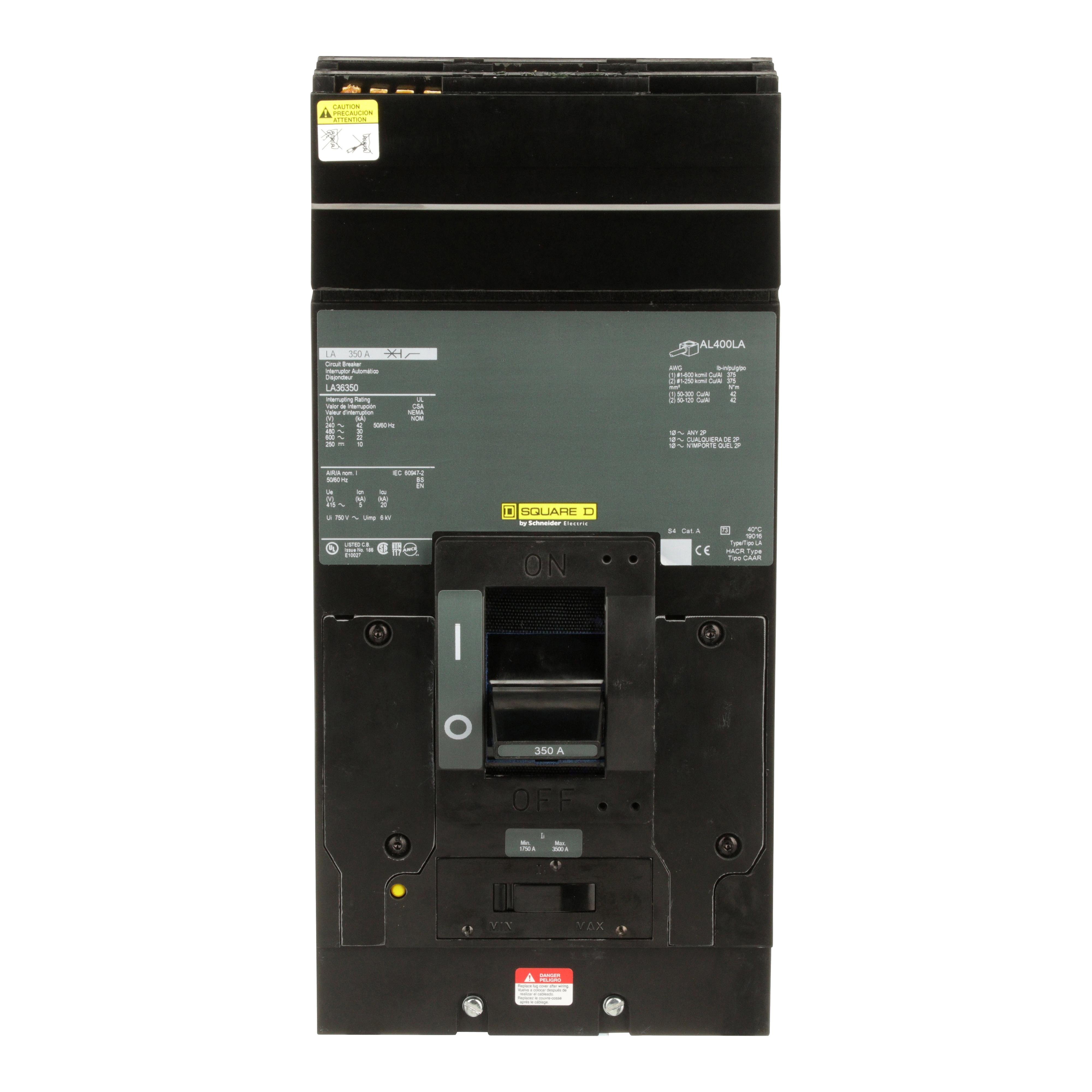 Picture of LA36350 - Circuit breaker, LA, 350A, 3 pole, 600VAC, 22kA, 250VDC, 10kA, I-Line, thermal magnetic