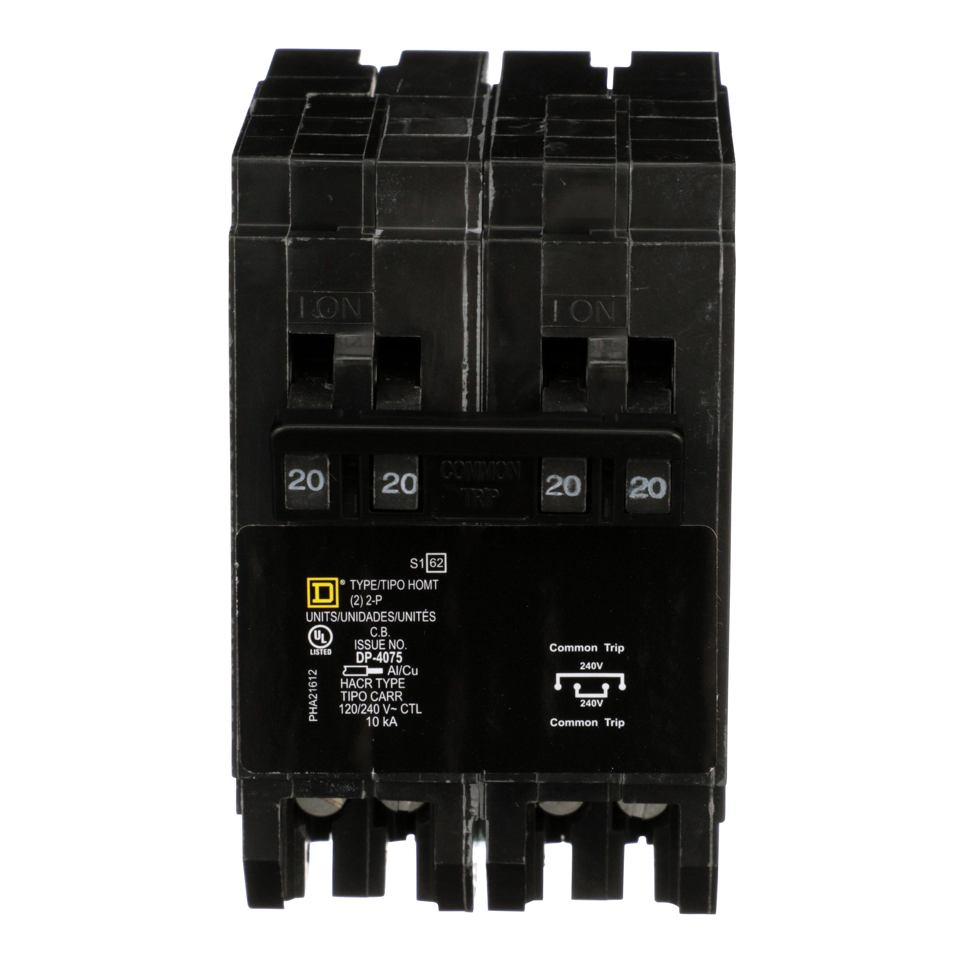Picture of HOMT220220 - Quad tandem circuit breaker, Homeline, 2 x 2 pole at 20A, 120/240VAC, 10kA AIR, plug in, UL