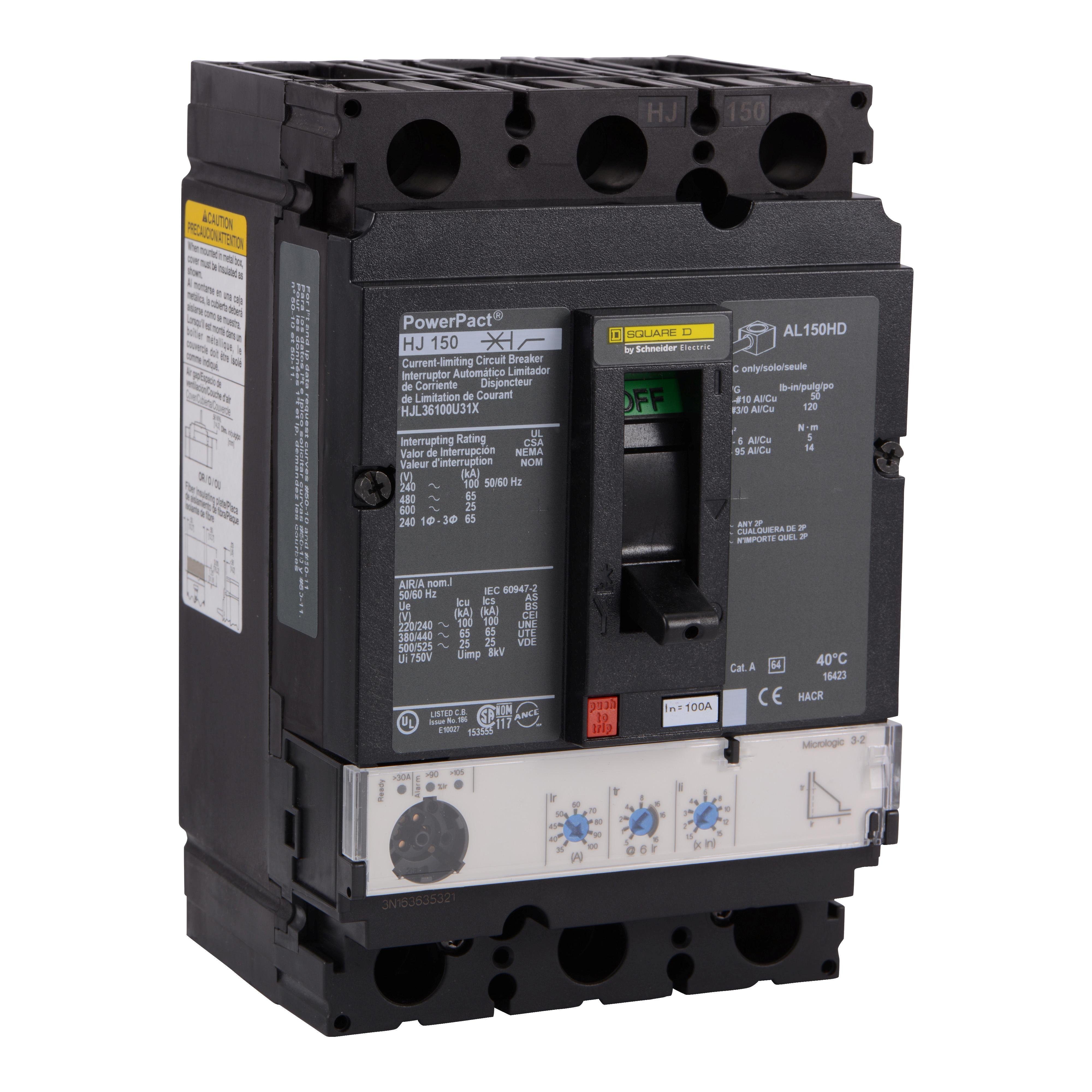HJL36100U31X - Circuit breaker, PowerPacT H, 100A, 3 pole, 600VAC, 25kA, lugs, Micrologic 3.2, 80%
