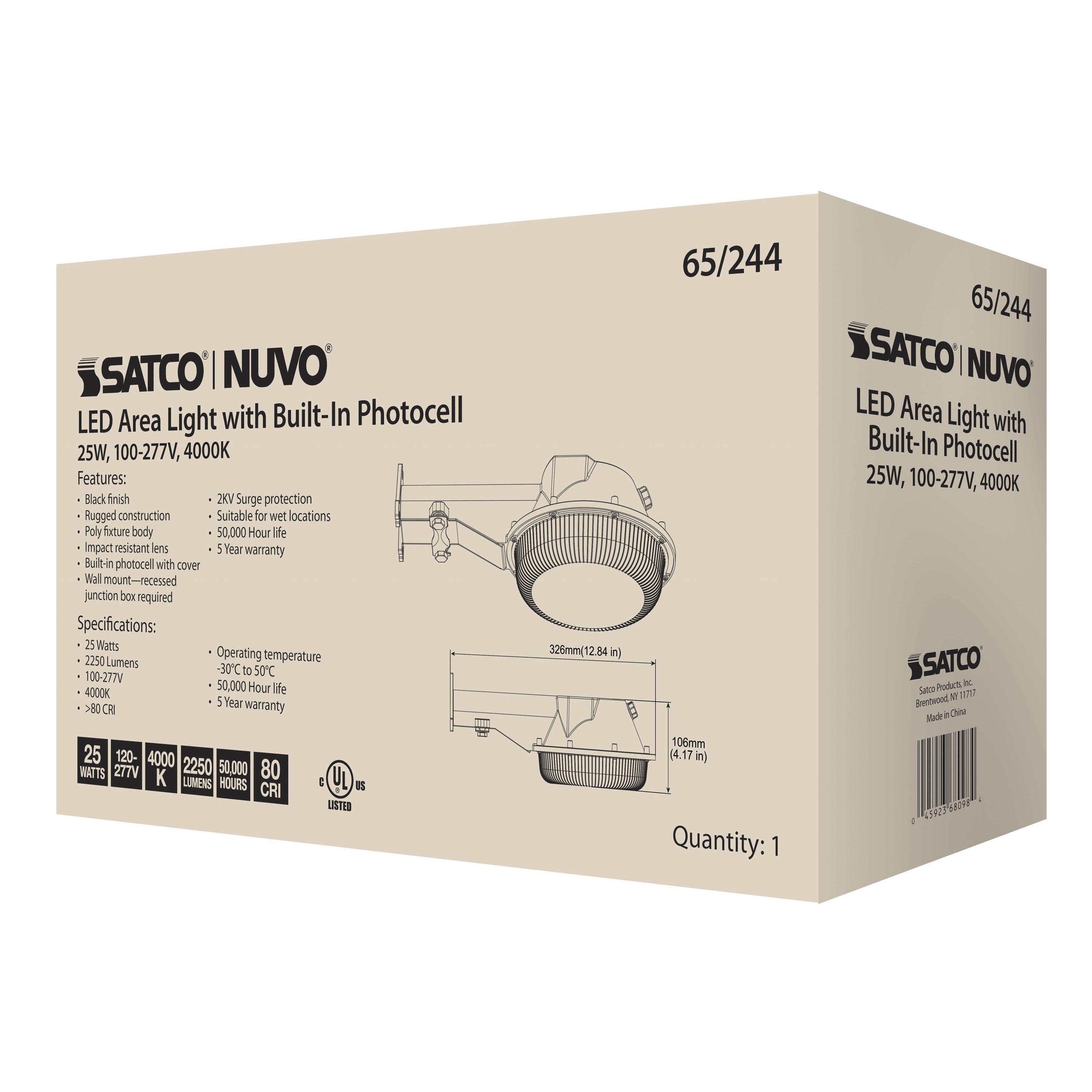 65-244 - LED Area Light with Photocell - 25W - 4000K - Black Finish - 120-277V