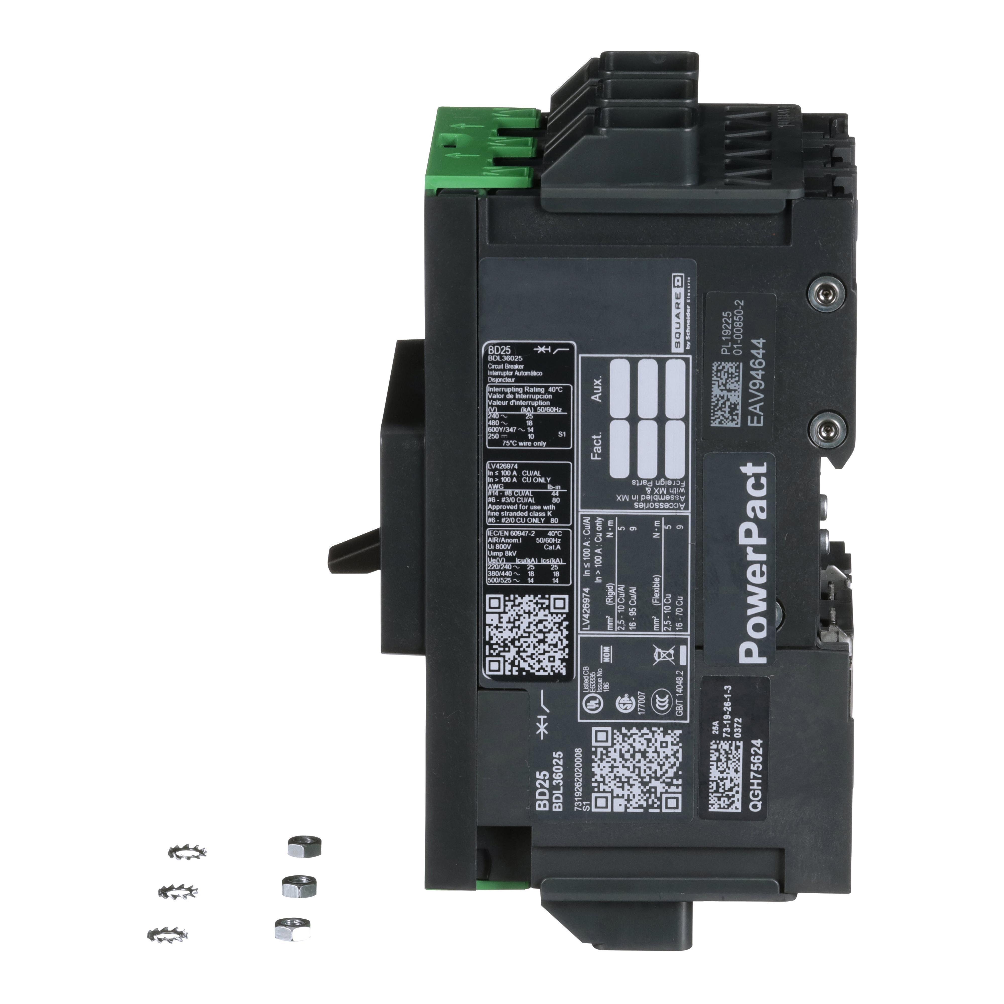 Picture of BDL36025 - Circuit breaker, PowerPacT B, 25A, 3 pole, 600Y/347VAC, 14kA, lugs, thermal magnetic, 80%