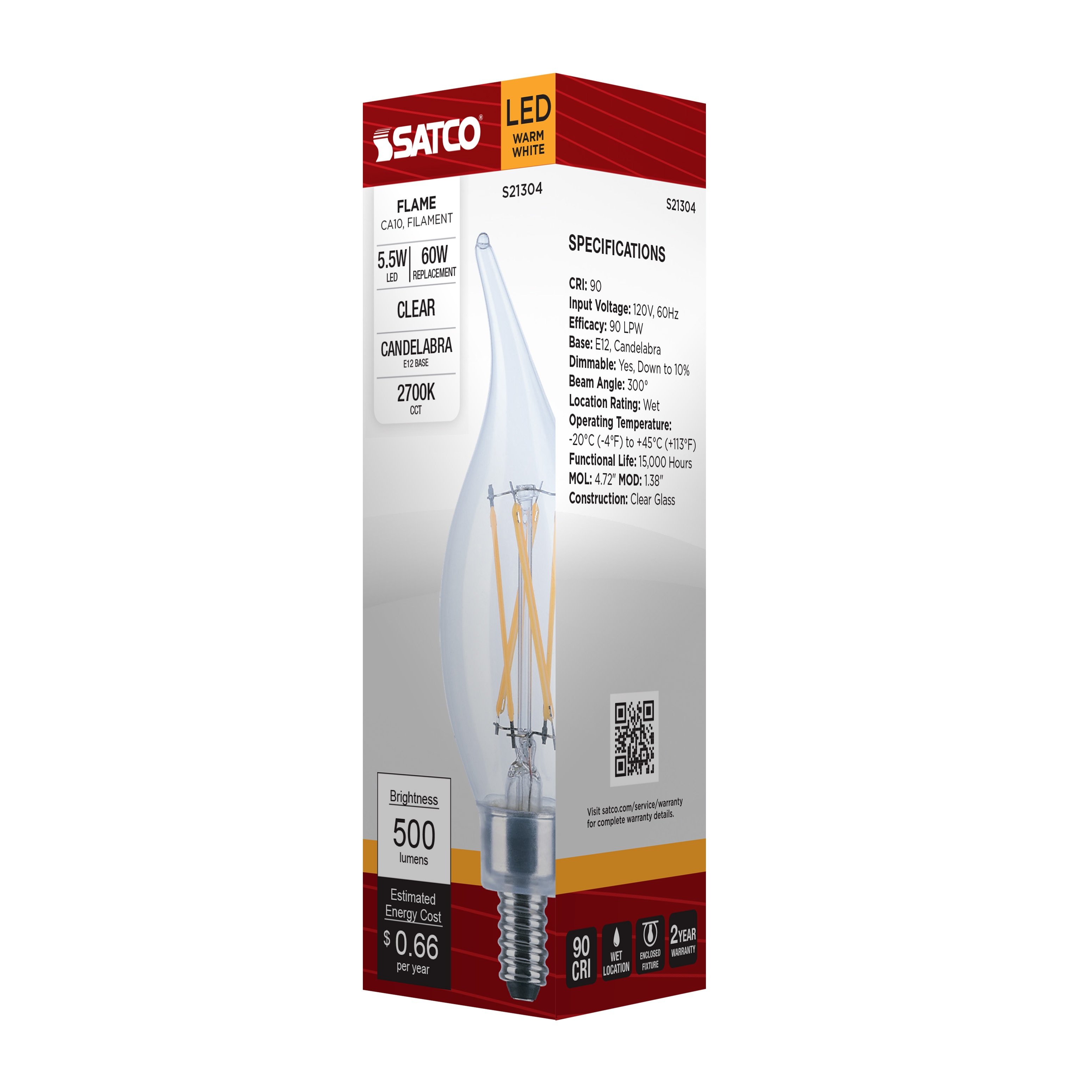 Picture of S21304 - 5.5 Watt CA10 LED - Clear - Candelabra base - 90 CRI - 2700K - 120 Volt