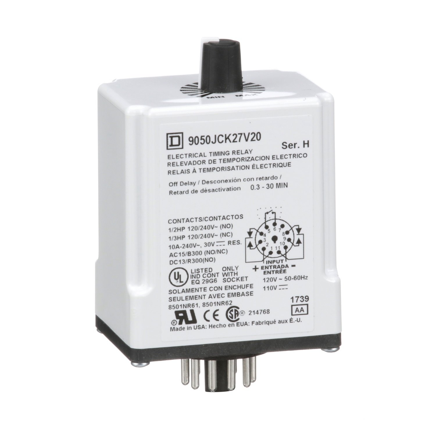 Picture of 9050JCK27V20 - Timer, Harmony 9050 JCK, off delay, adjustable time, 0.3 to 30 minutes, 10A, 240V AC, 120V AC/110V DC