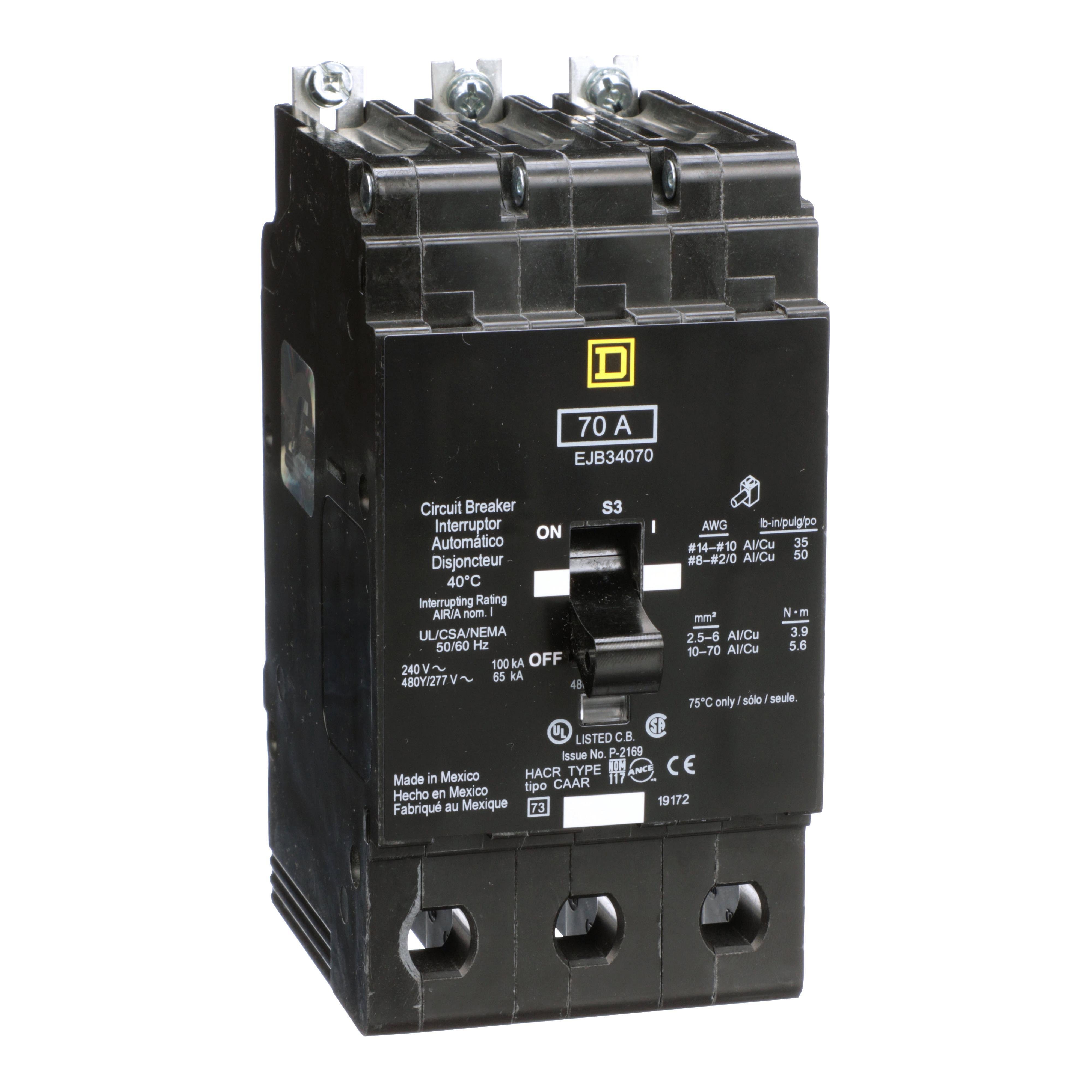 Picture of EJB34070 - Mini circuit breaker, E-Frame, 70A, 3 pole, 480Y/277VAC, 100kA max, bolt on [TAA]