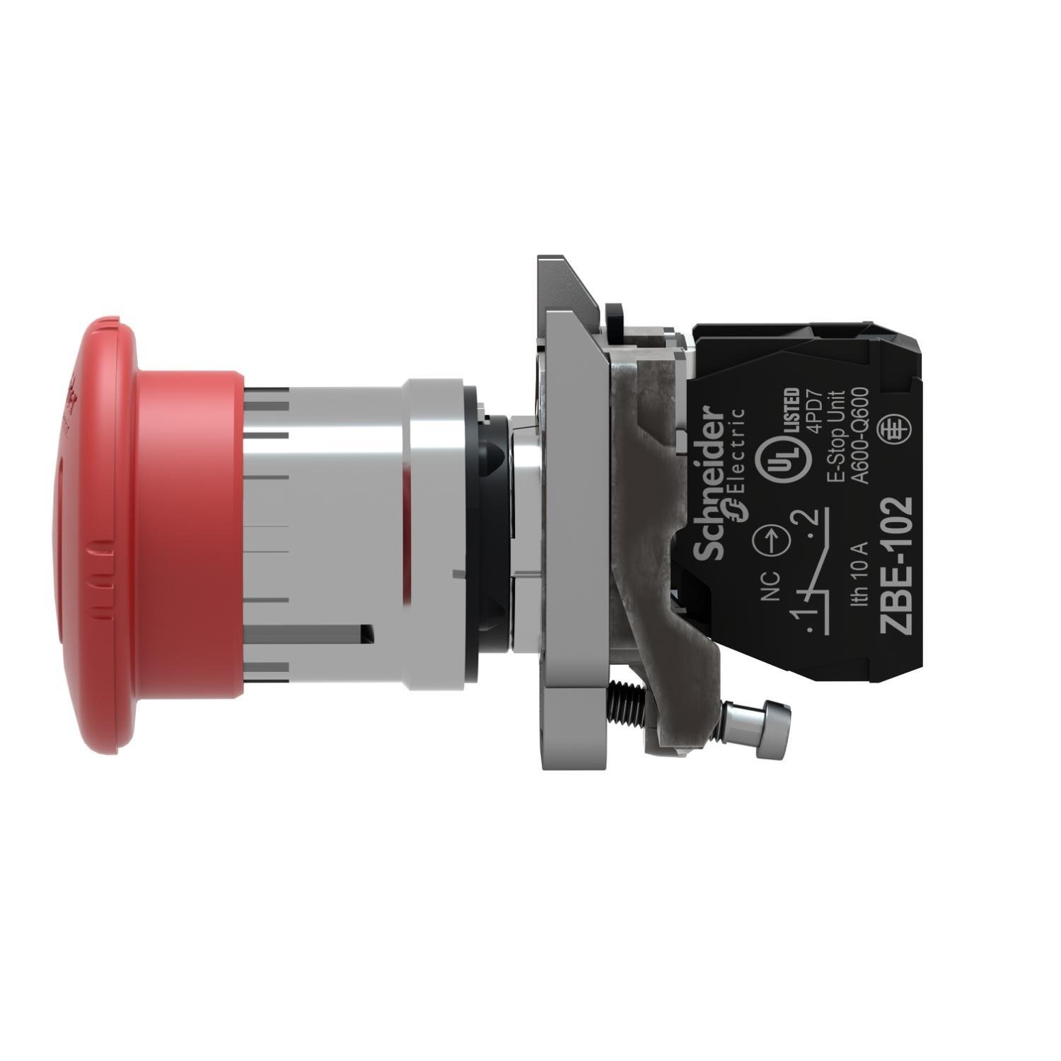 Picture of XB4BS8442 - Emergency switching off push button, Harmony XB4, metal, red mushroom 40mm, 22mm, trigger latching turn to release, 1NC