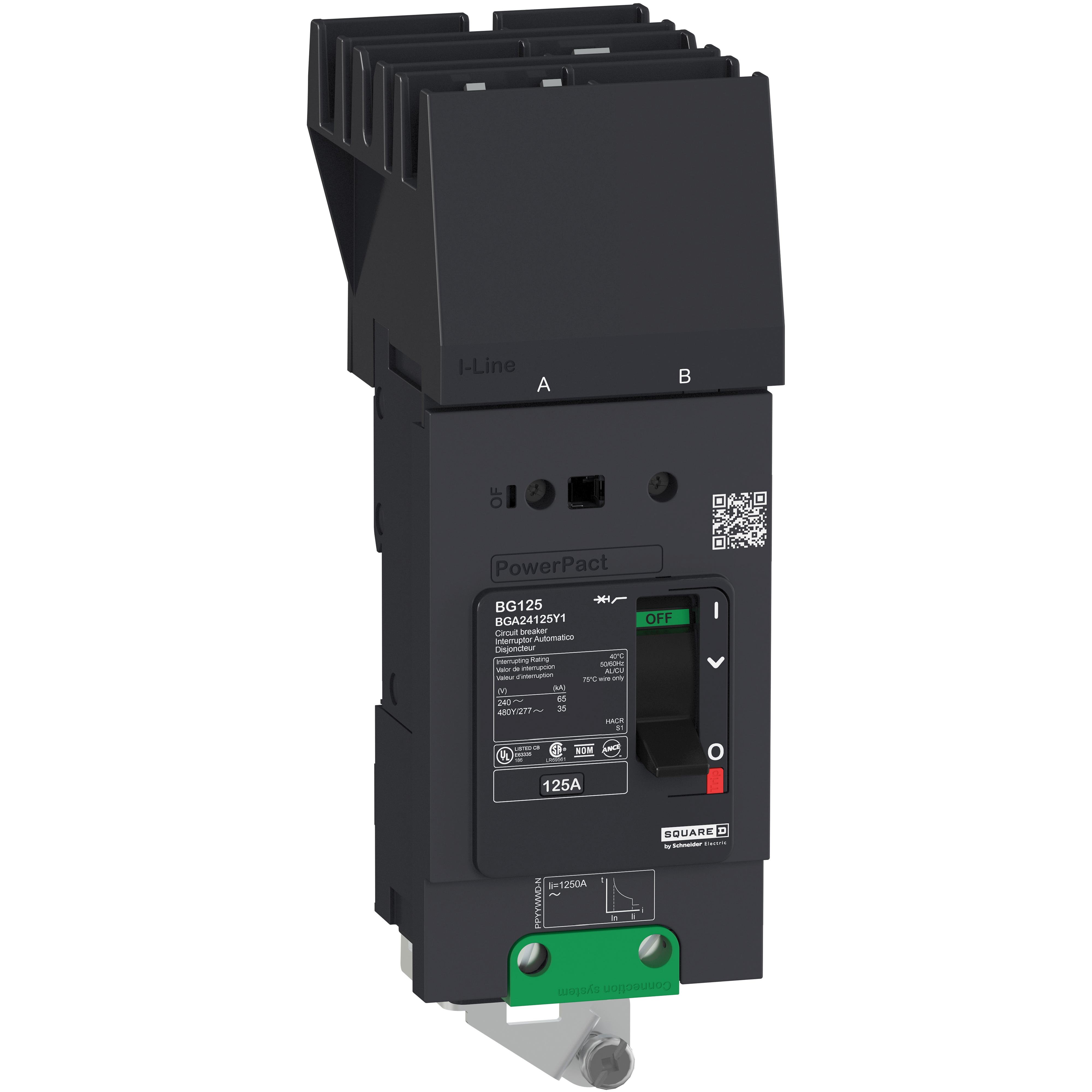 BGA24100Y1 - Circuit breaker, PowerPacT B, 100A, 2 pole, 480Y/277VAC, 35kA, I-Line, thermal magnetic, 80%, AB