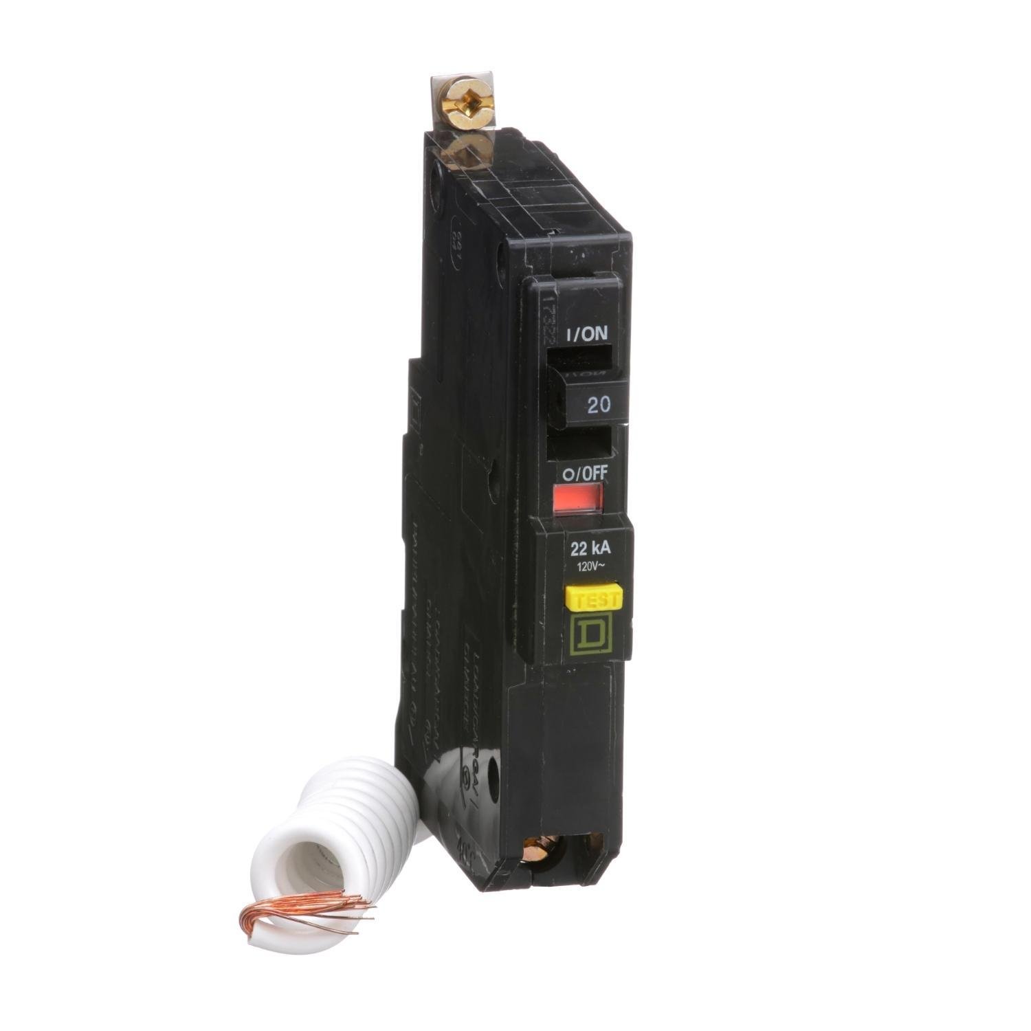 Picture of QOB120VHGFI - Mini circuit breaker, QO, 20A, 1 pole, 120VAC, 22kA, bolt on, 6mA grd fault A, pigtail
