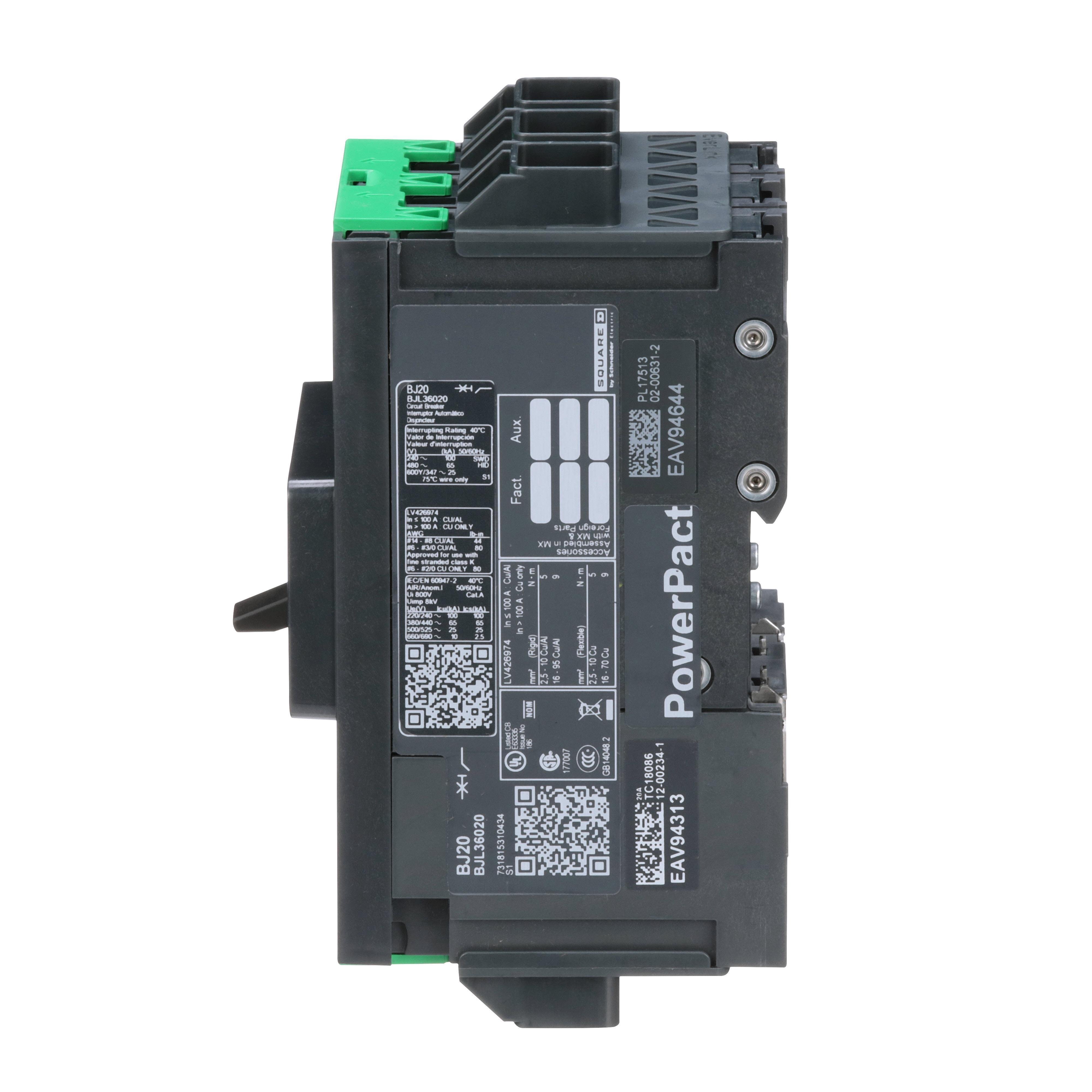 Picture of BJL36020 - Circuit breaker, PowerPacT B, 20A, 3 pole, 600Y/347VAC, 25kA, lugs, thermal magnetic, 80%