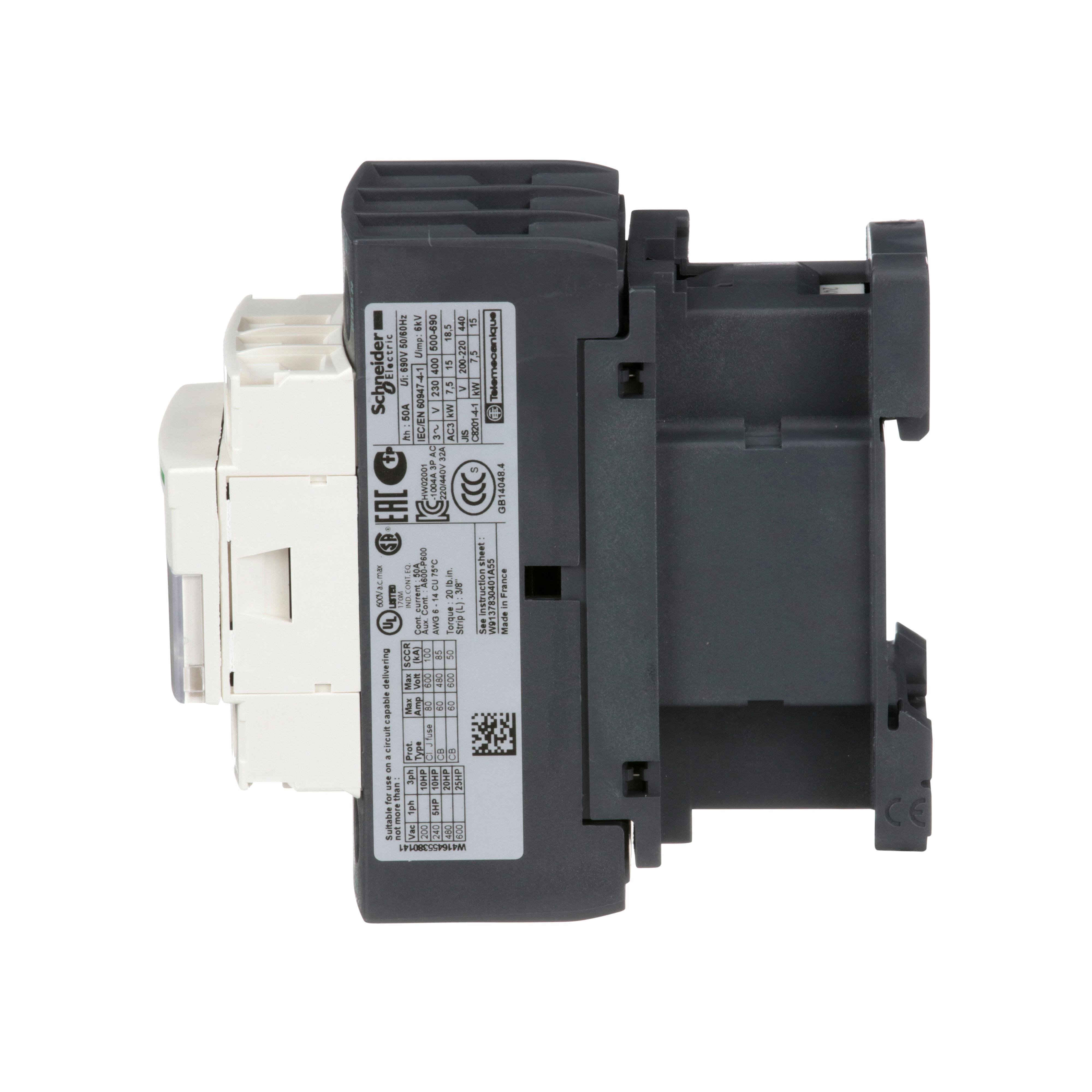 Picture of LC1D32B7 - IEC contactor, TeSys Deca, nonreversing, 32A, 20HP at 480VAC, up to 100kA SCCR, 3 phase, 3 NO, 24VAC 50/60Hz coil, open
